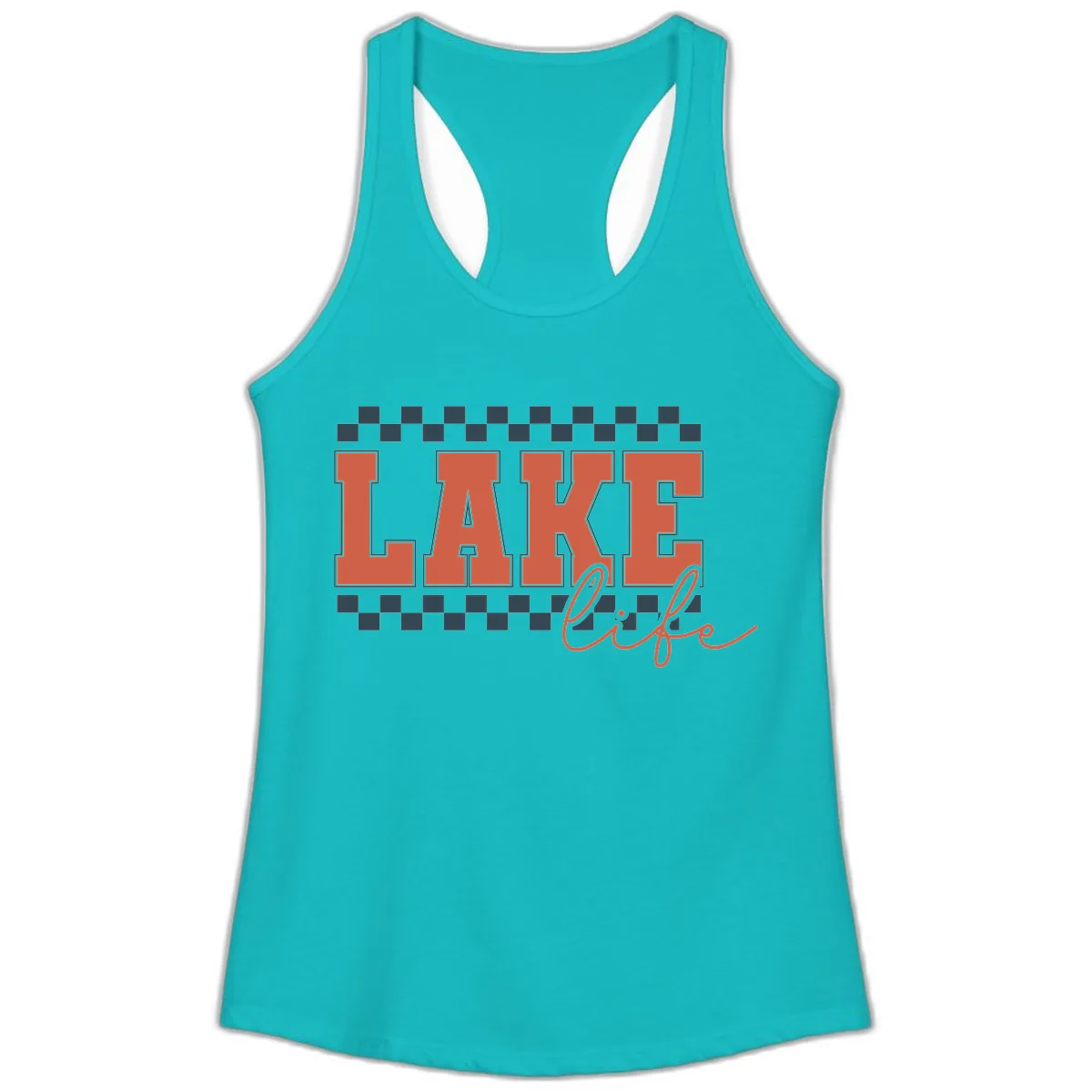 Lake Life Vintage Block Letter Ladies Tank in Tahiti Blue
