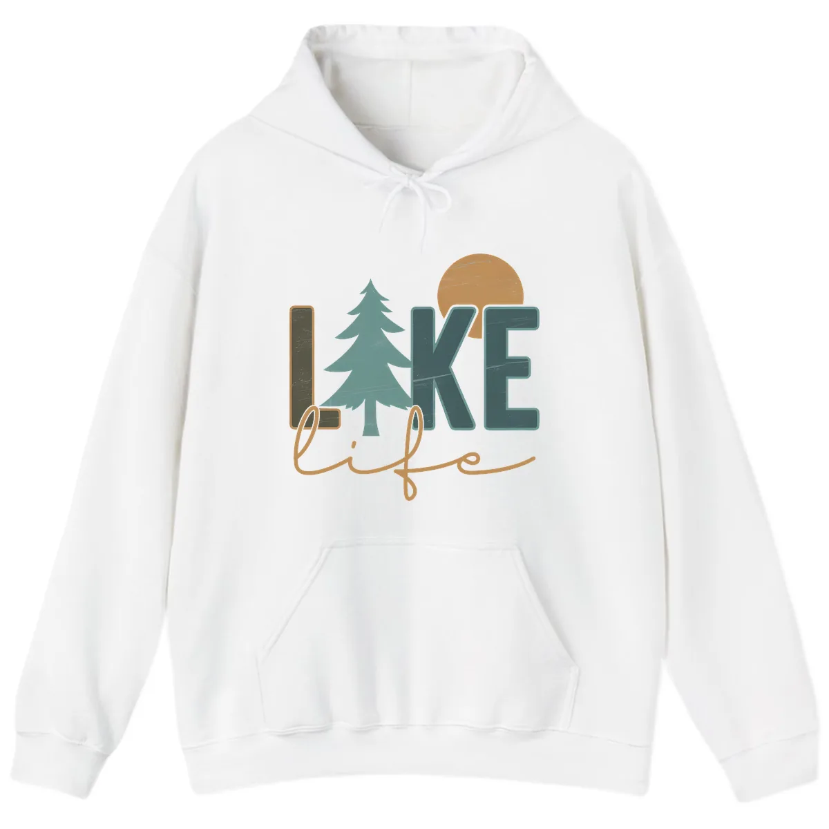 Retro Lake Life Pine Tree Design Hoodie in White