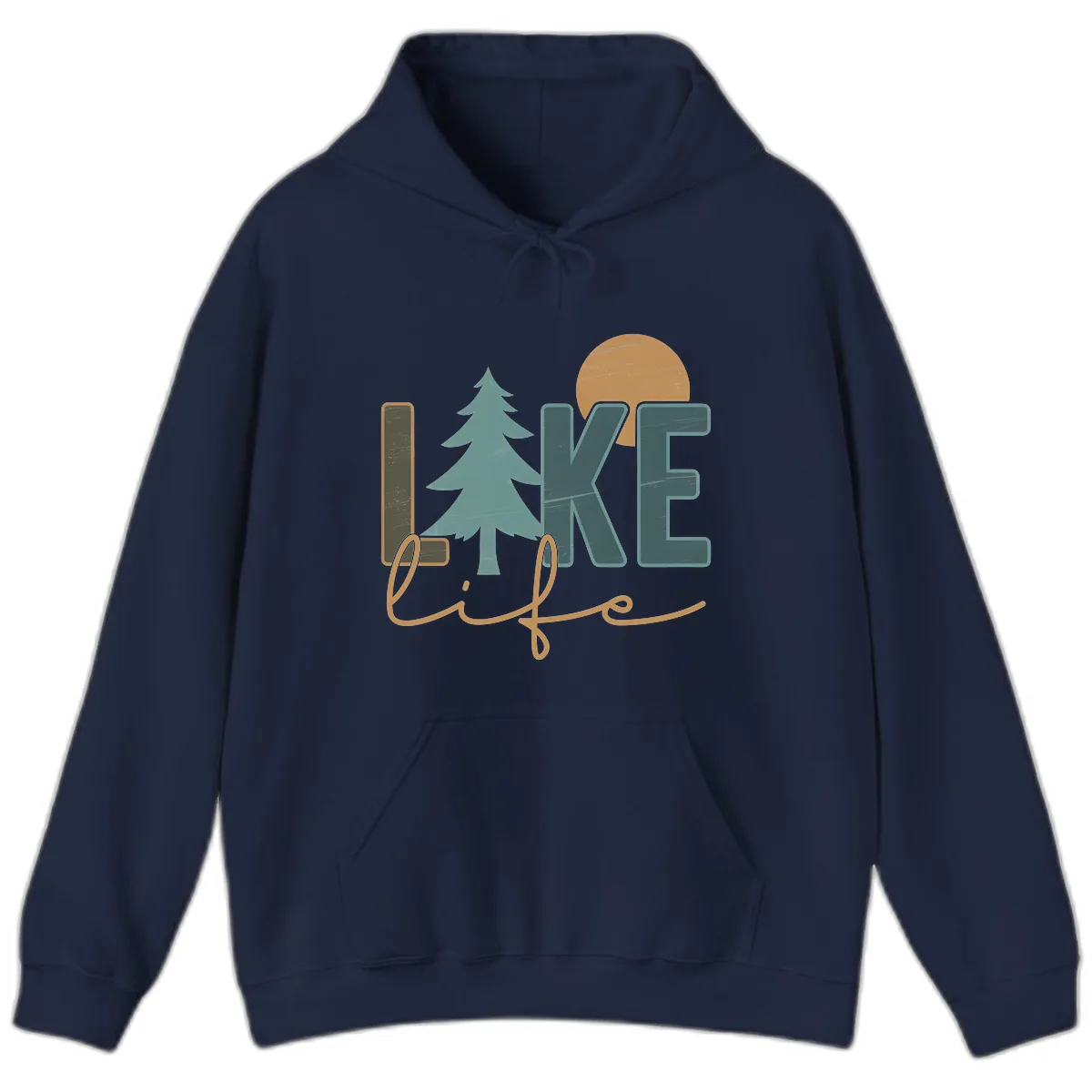 Retro Lake Life Pine Tree Design Hoodie in Navy