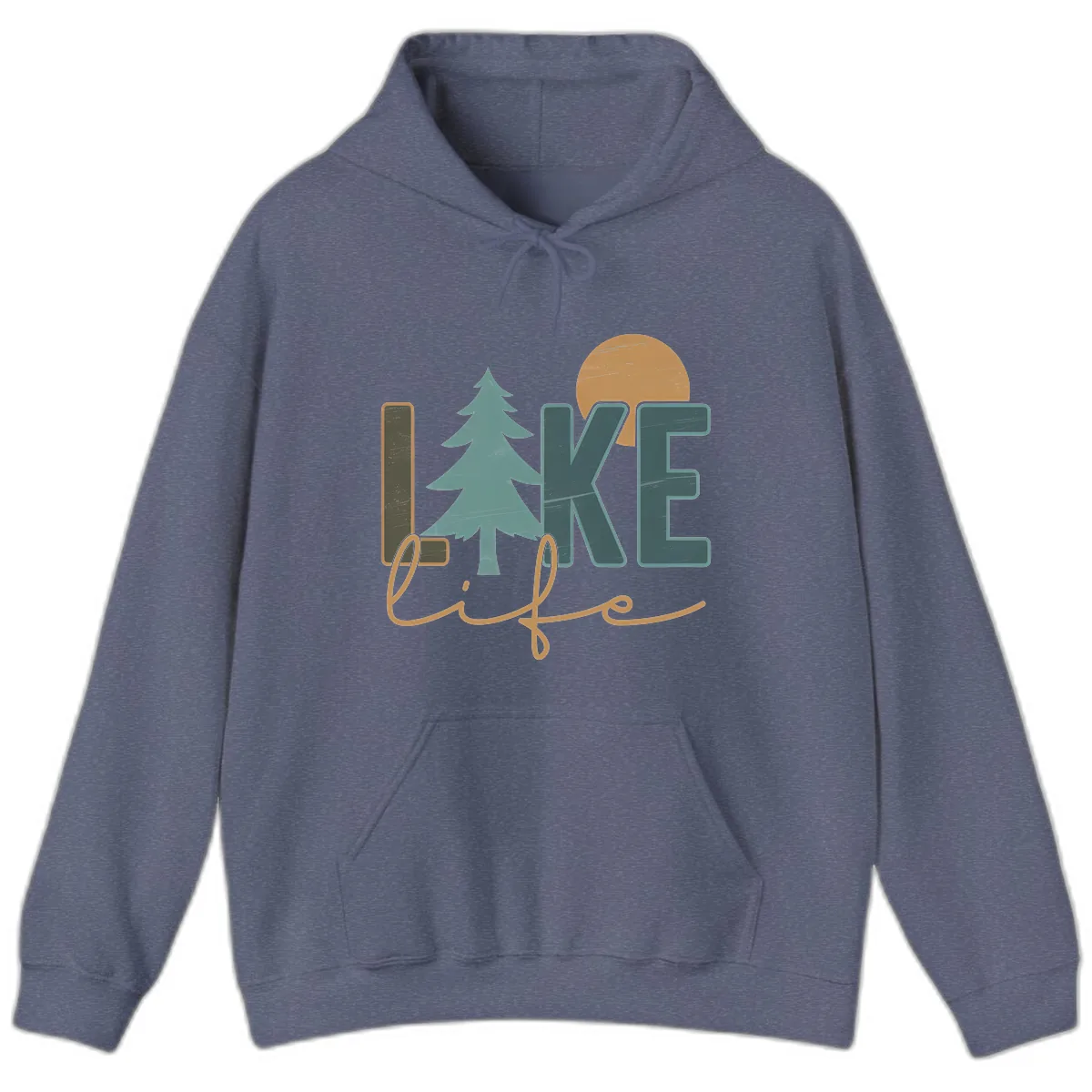 Retro Lake Life Pine Tree Design Hoodie in Heather Navy