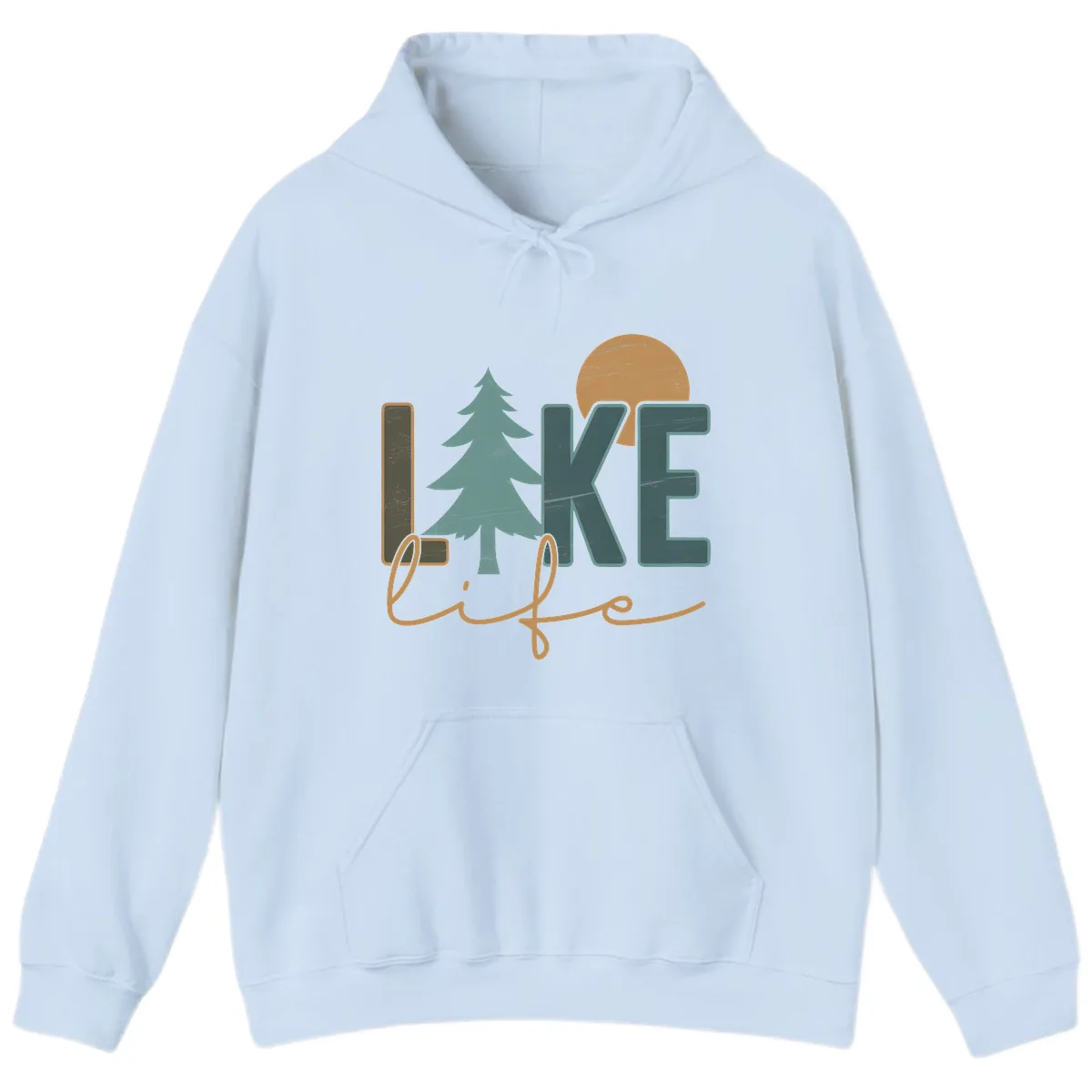 Retro Lake Life Pine Tree Design Hoodie in Light Blue