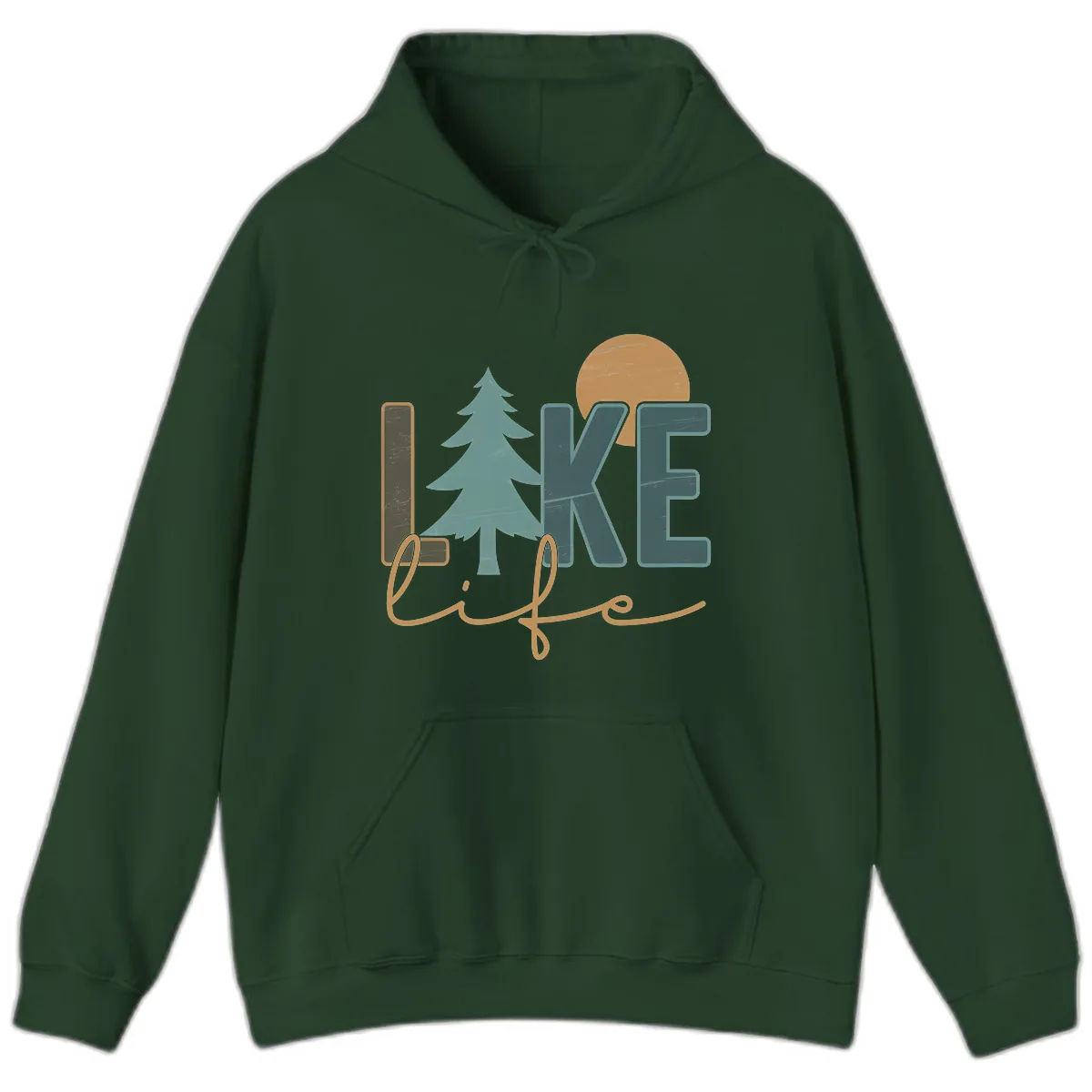Retro Lake Life Pine Tree Design Hoodie in Forest Green
