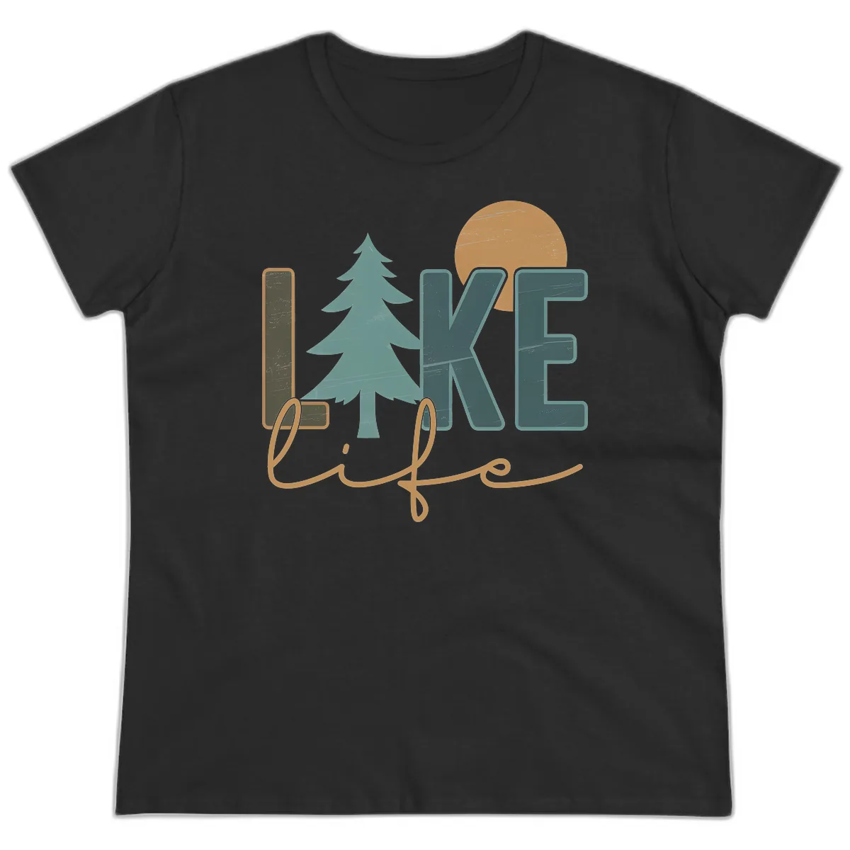 Retro Lake Life Pine Tree Design Ladies Tee in Black