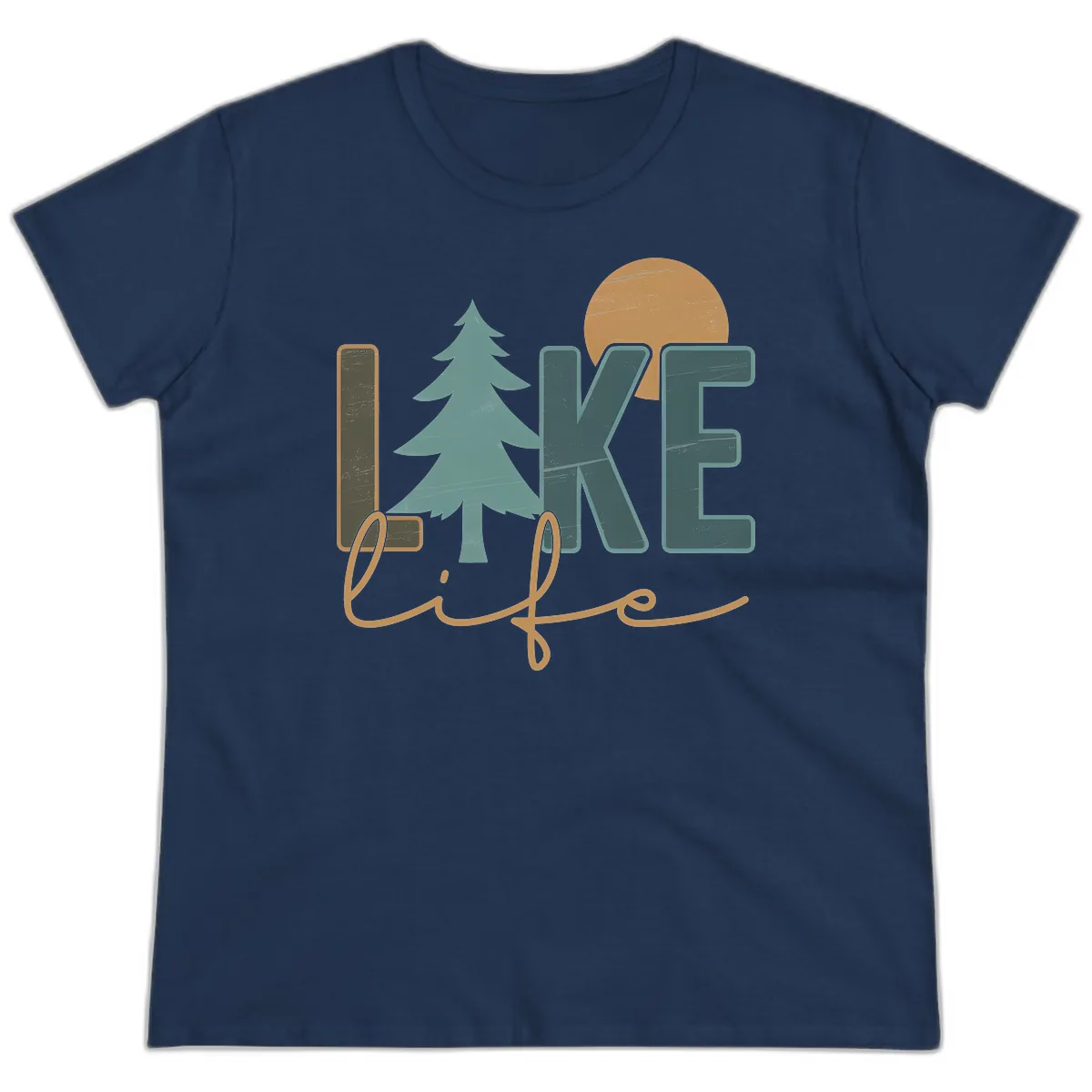 Retro Lake Life Pine Tree Design Ladies Tee in Navy
