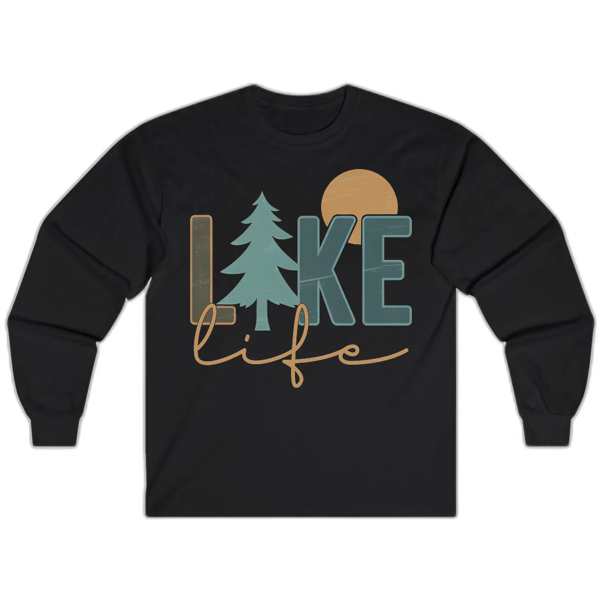 Retro Lake Life Pine Tree Design Long Sleeve in Black