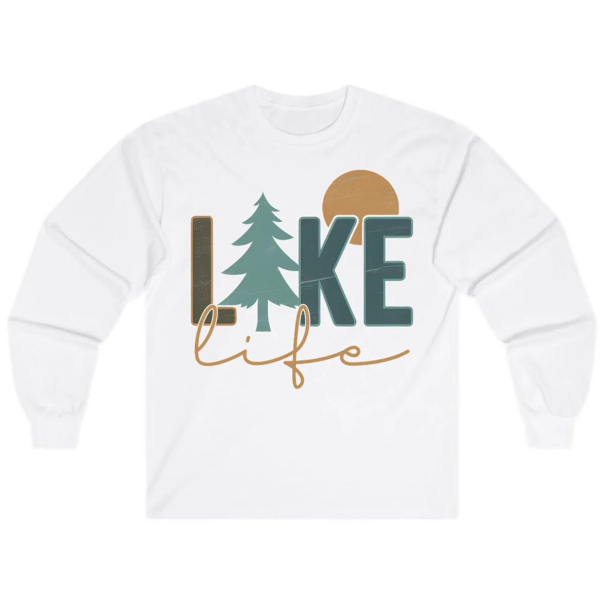 Retro Lake Life Pine Tree Design Long Sleeve in White