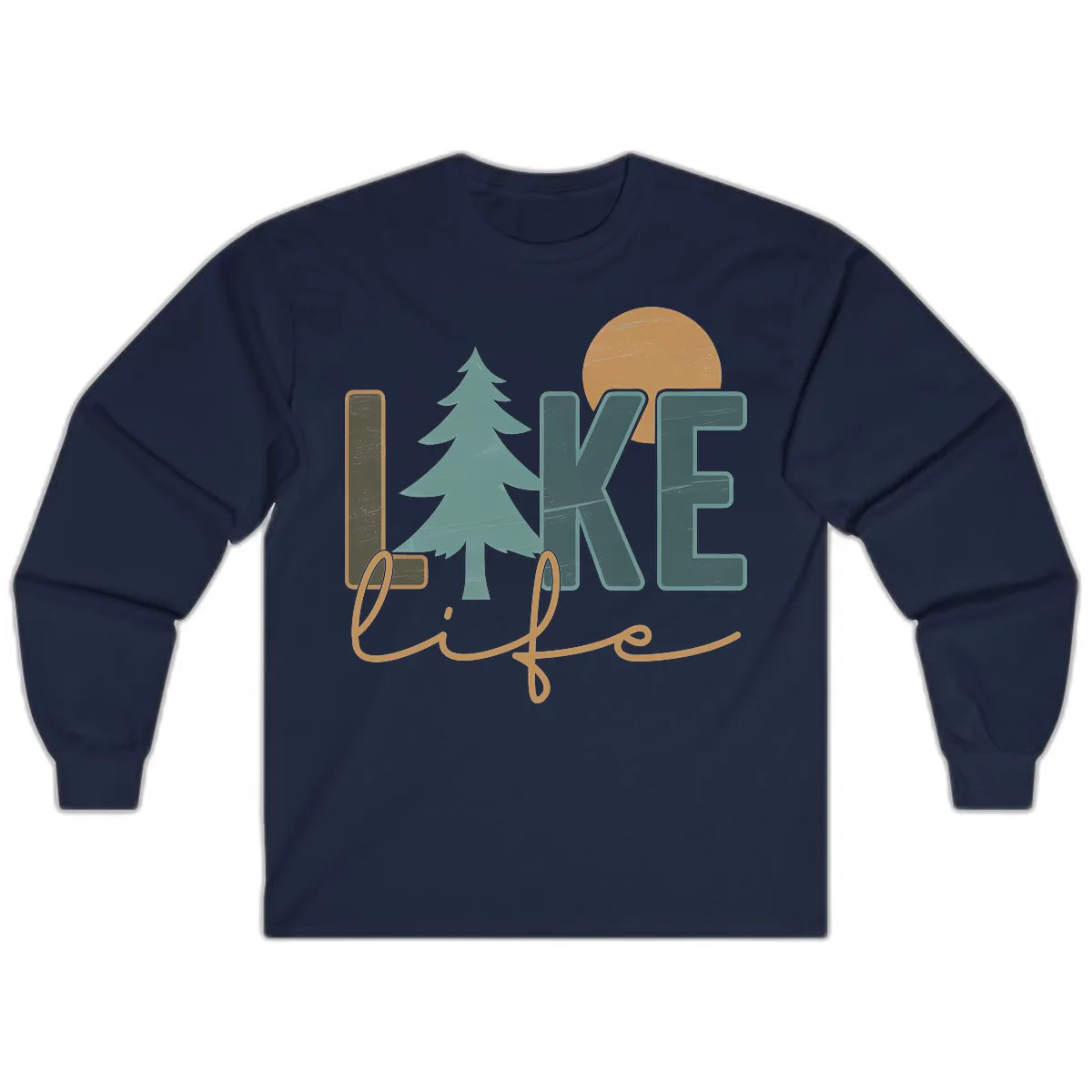 Retro Lake Life Pine Tree Design Long Sleeve in Navy