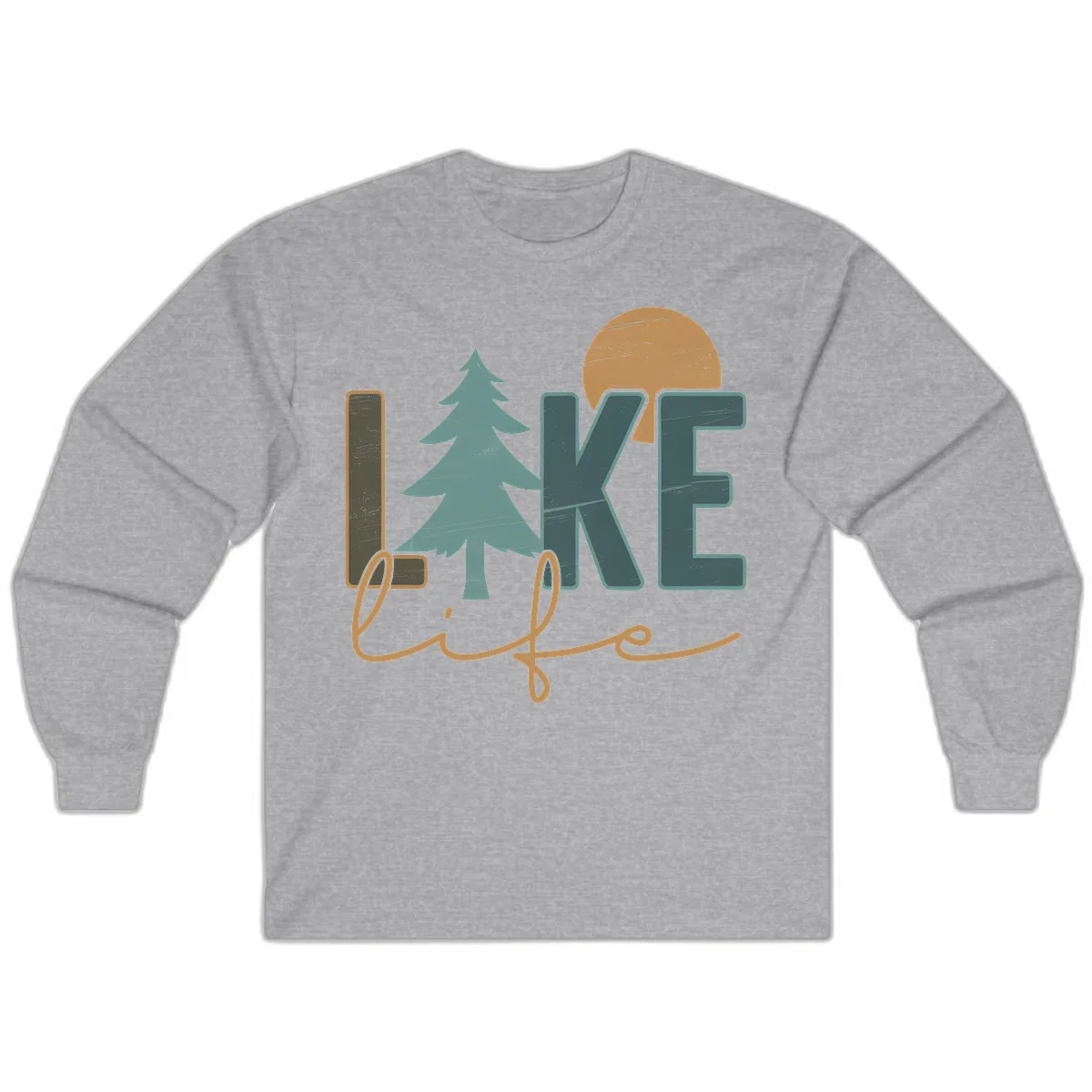 Retro Lake Life Pine Tree Design Long Sleeve in Sport Grey