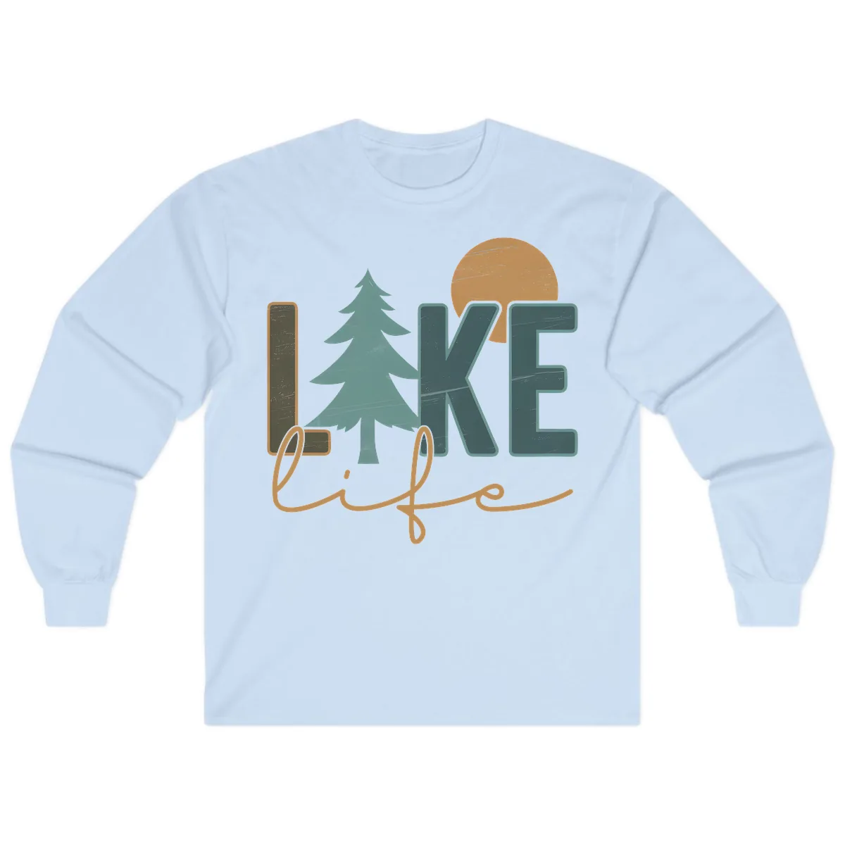 Retro Lake Life Pine Tree Design Long Sleeve in Light Blue
