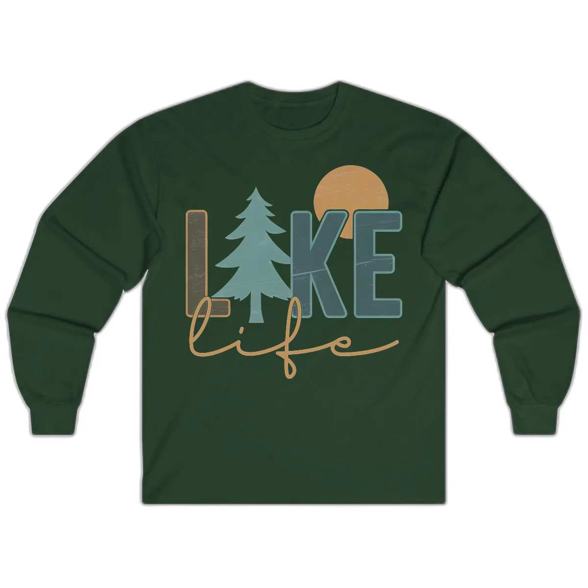 Retro Lake Life Pine Tree Design Long Sleeve in Forest Green