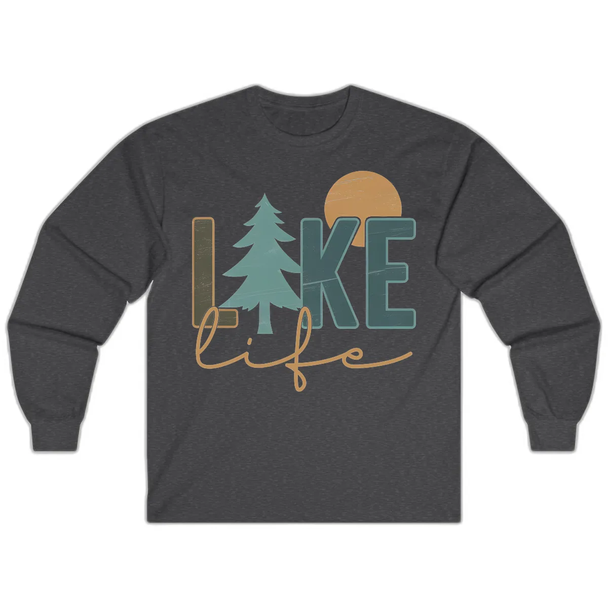 Retro Lake Life Pine Tree Design Long Sleeve in Dark Heather