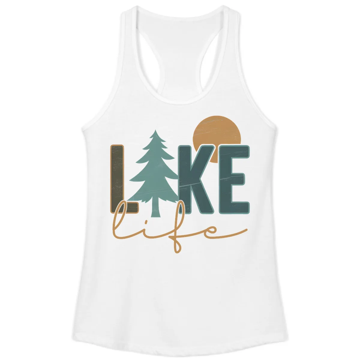 Retro Lake Life Pine Tree Design Ladies Tank in White