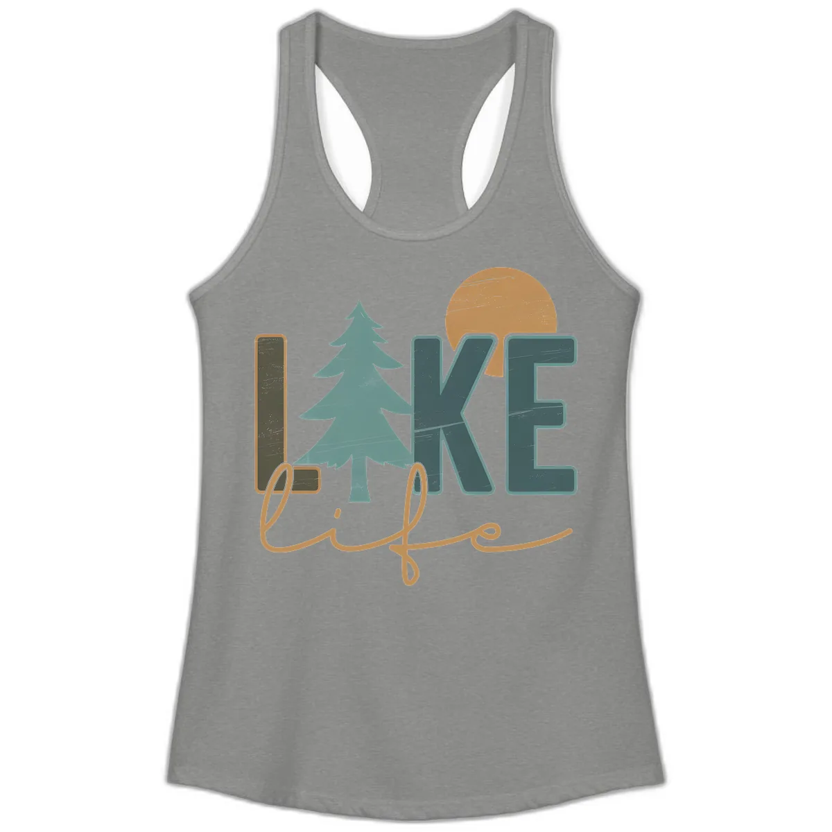 Retro Lake Life Pine Tree Design Ladies Tank in Heather Grey