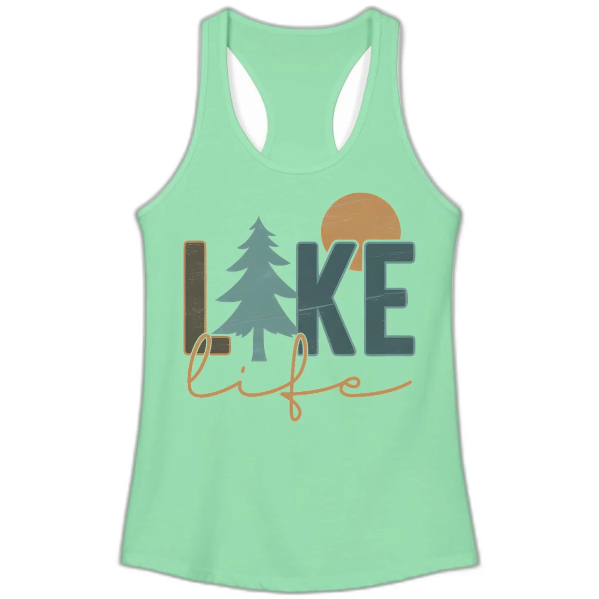 Retro Lake Life Pine Tree Design Ladies Tank in Solid Mint