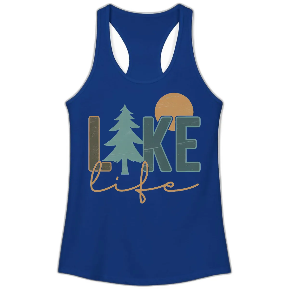 Retro Lake Life Pine Tree Design Ladies Tank in Solid Royal