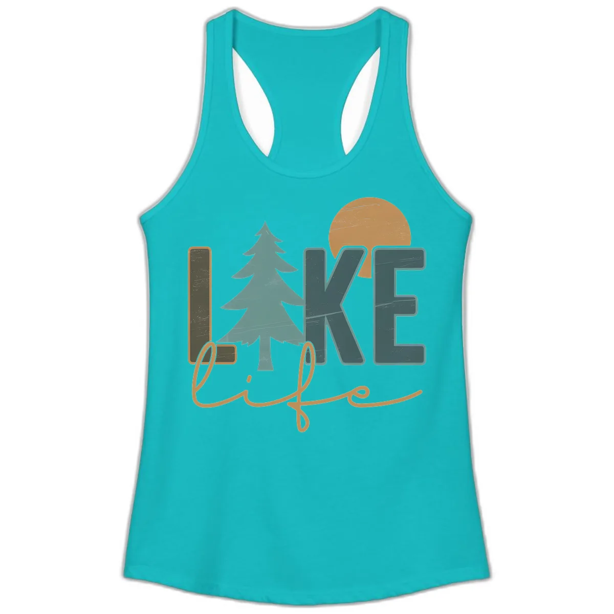 Retro Lake Life Pine Tree Design Ladies Tank in Tahiti Blue