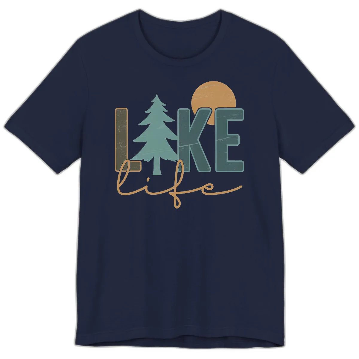 Retro Lake Life Pine Tree Design Premium T-Shirt in Navy