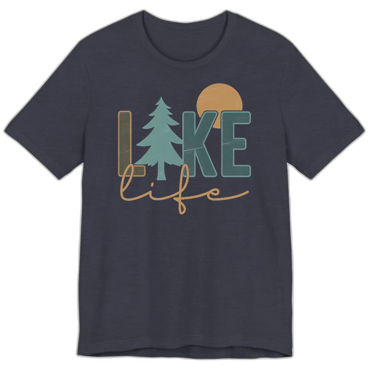Retro Lake Life Pine Tree Design Premium T-Shirt in Heather Midnight Navy