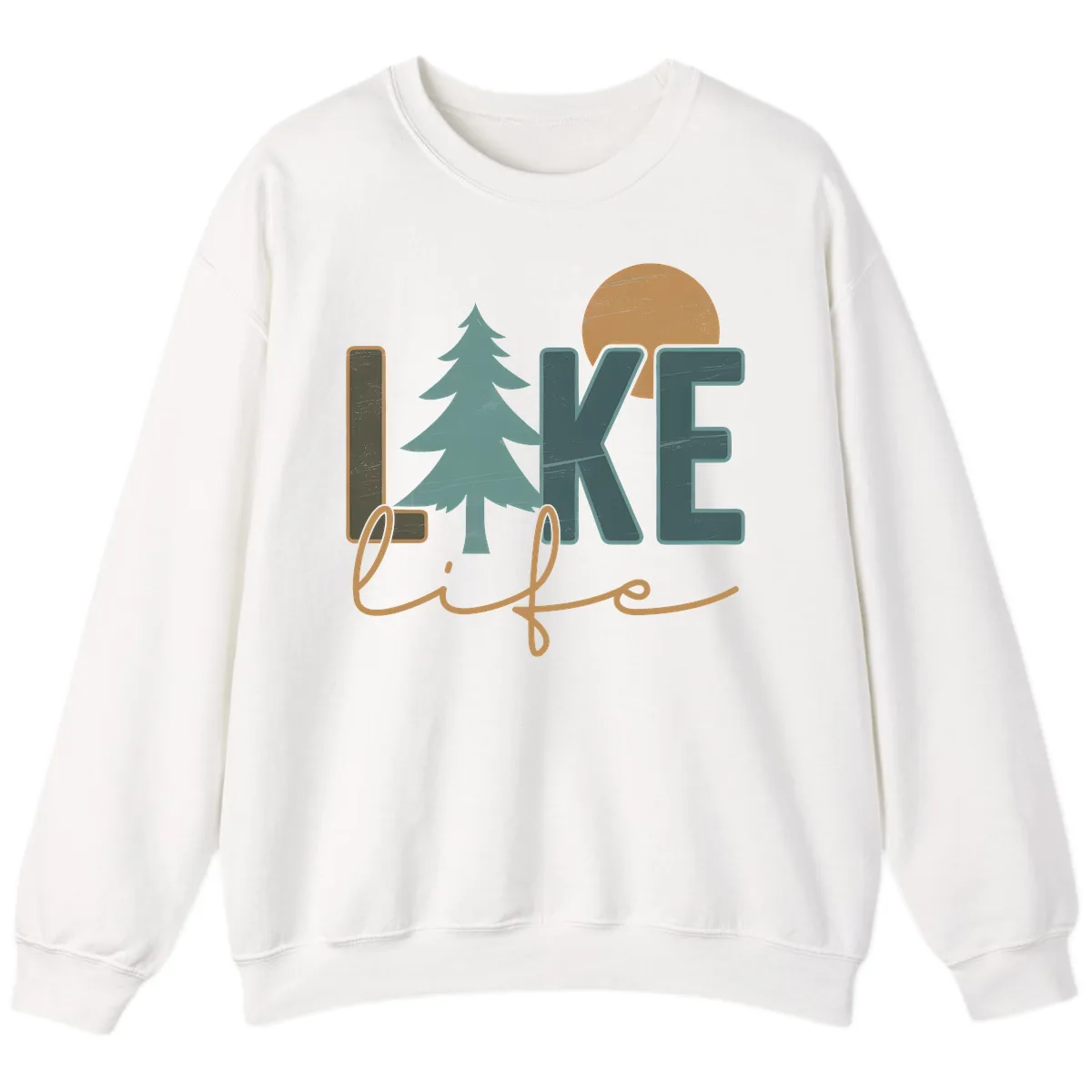Retro Lake Life Pine Tree Design Sweatshirt in White