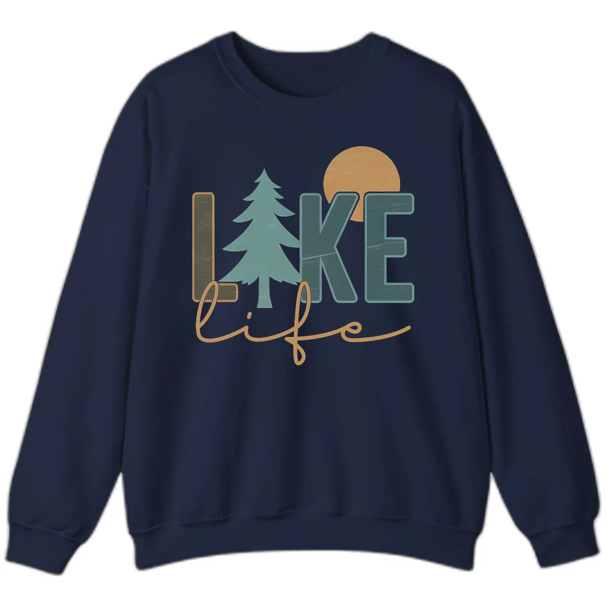 Retro Lake Life Pine Tree Design Sweatshirt in Navy