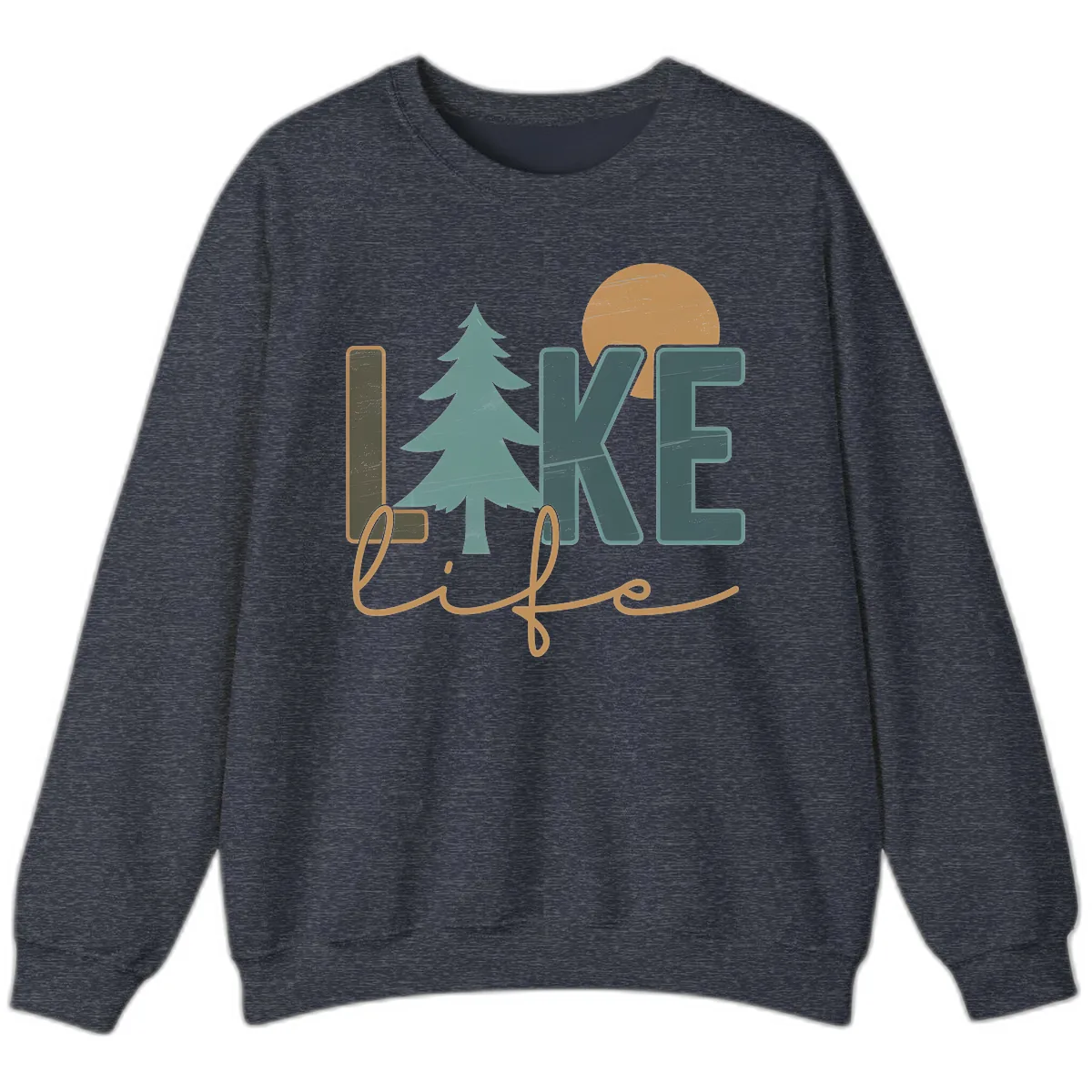 Retro Lake Life Pine Tree Design Sweatshirt in Heather Sport Dark Navy