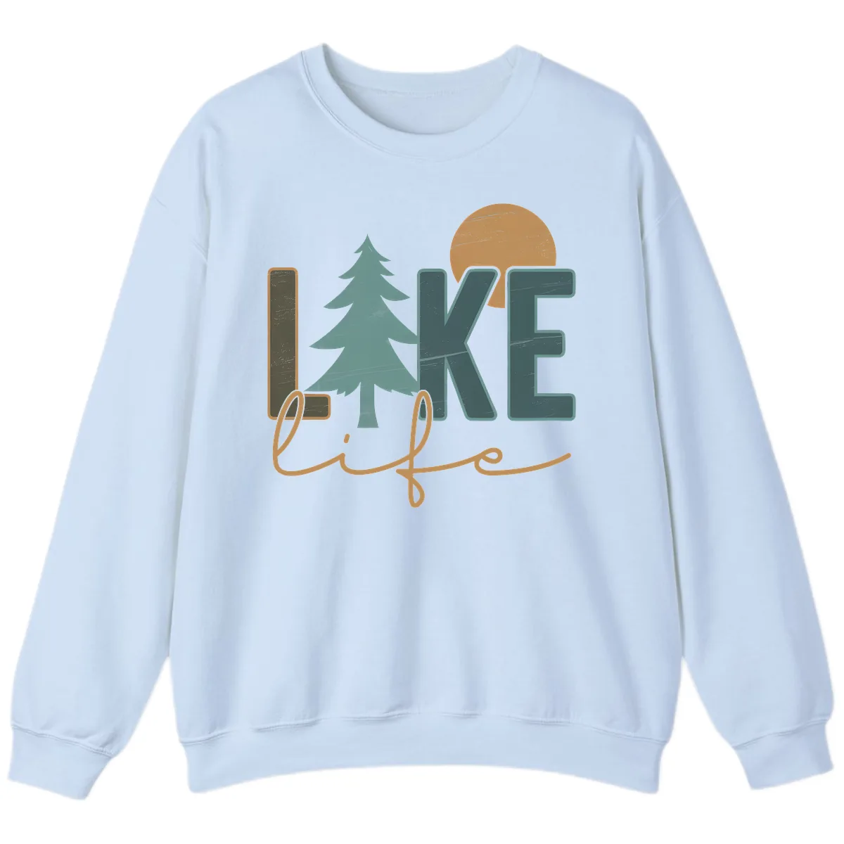 Retro Lake Life Pine Tree Design Sweatshirt in Light Blue