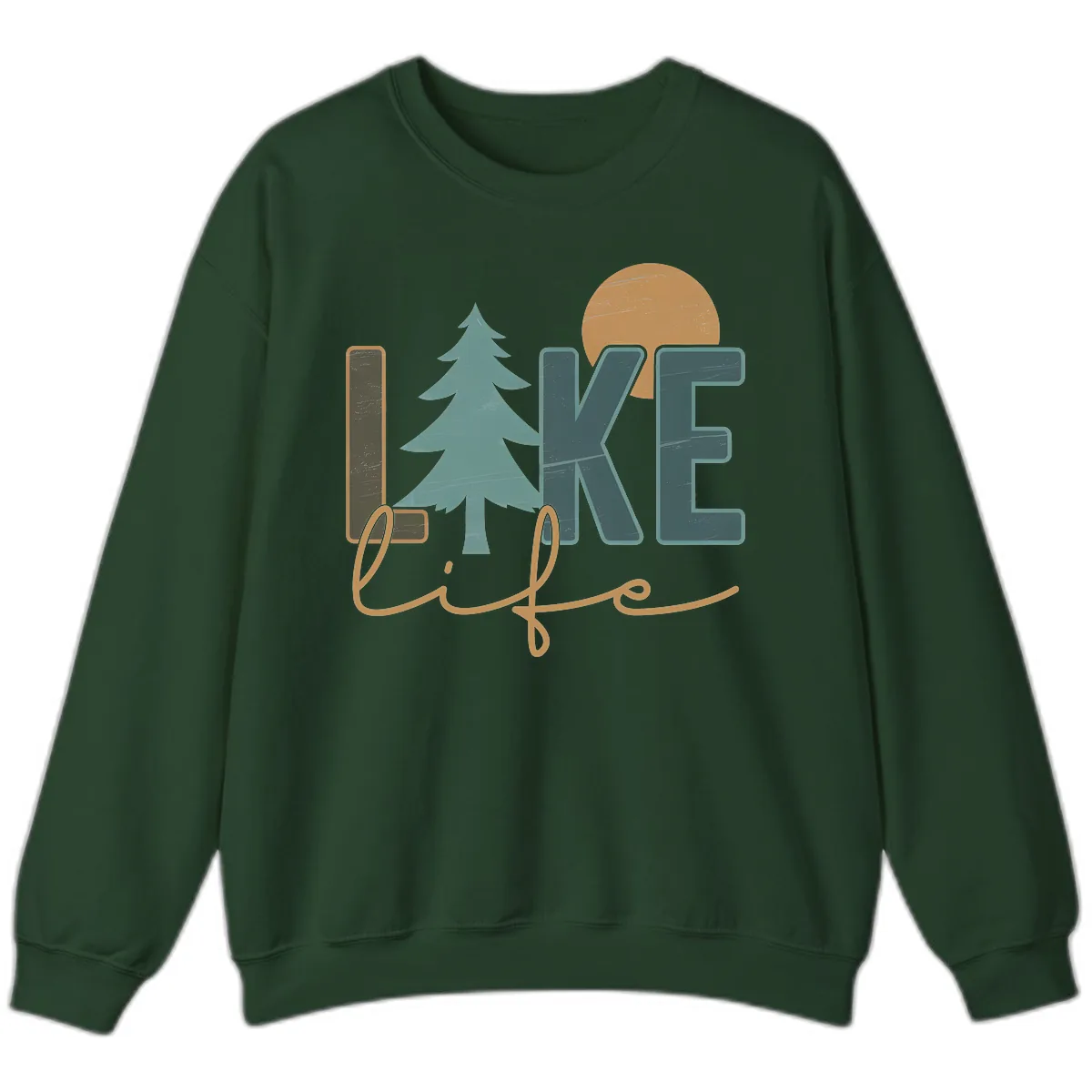 Retro Lake Life Pine Tree Design Sweatshirt in Forest Green