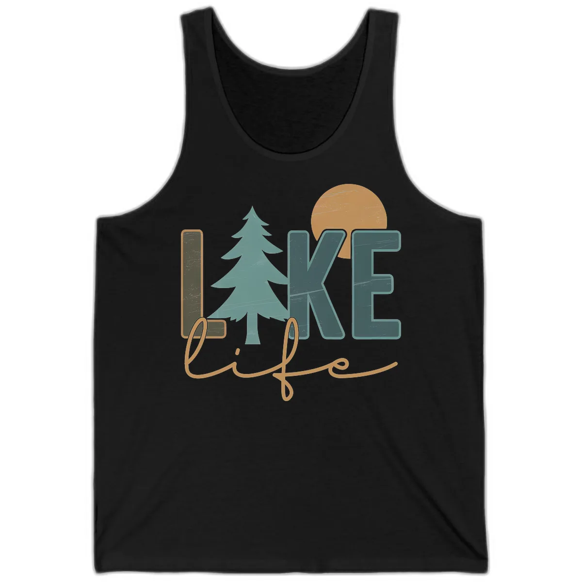 Retro Lake Life Pine Tree Design Tank in Black