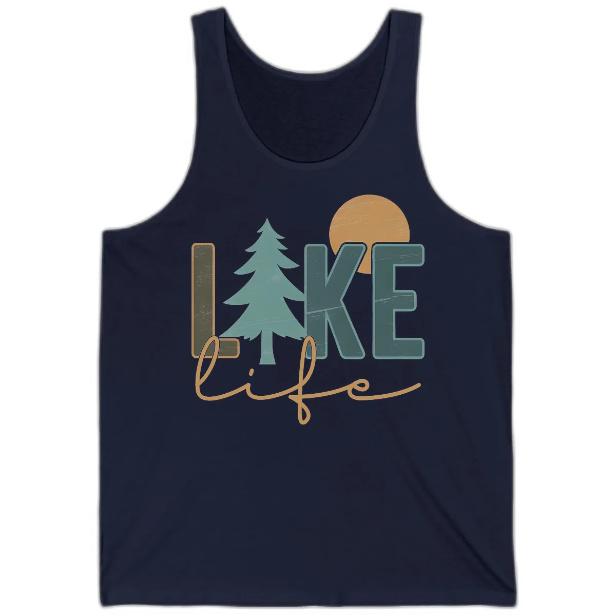 Retro Lake Life Pine Tree Design Tank in Navy