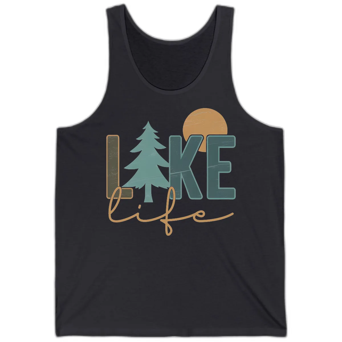 Retro Lake Life Pine Tree Design Tank in Dark Grey