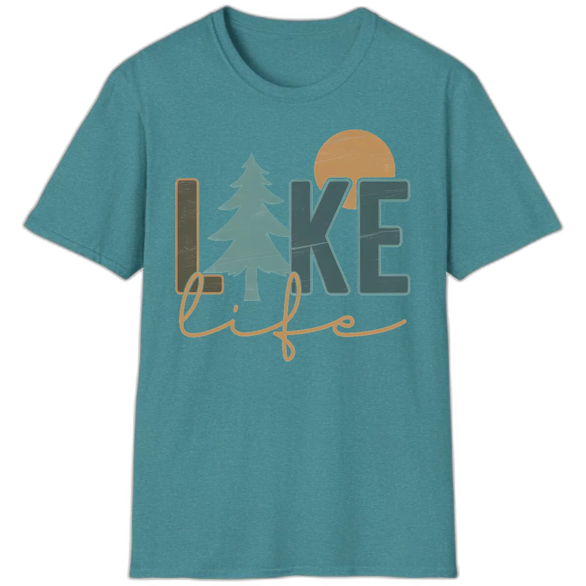 Retro Lake Life Pine Tree Design T-Shirt in Heather Galapagos Blue