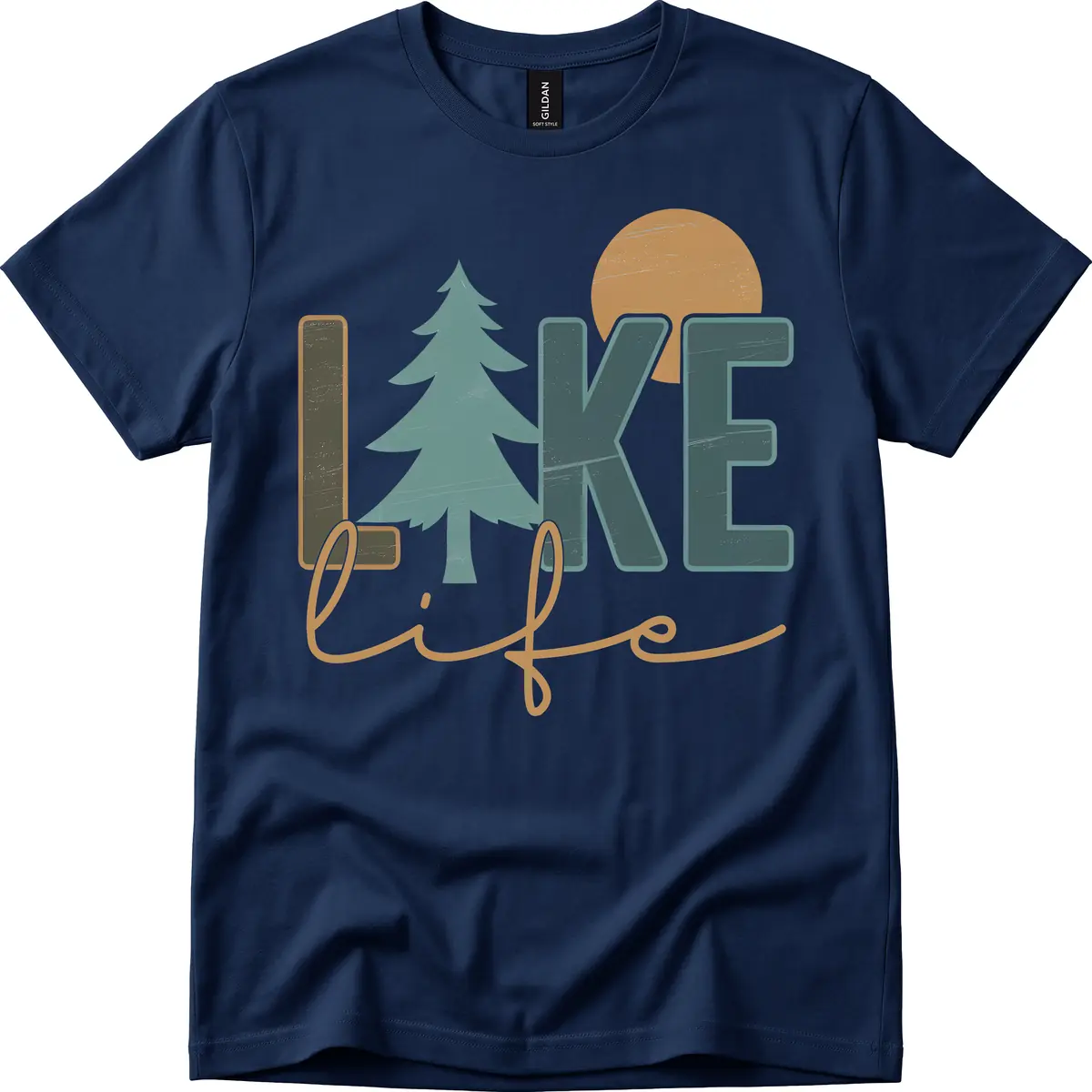 Retro Lake Life Pine Tree Design T-Shirt in Navy