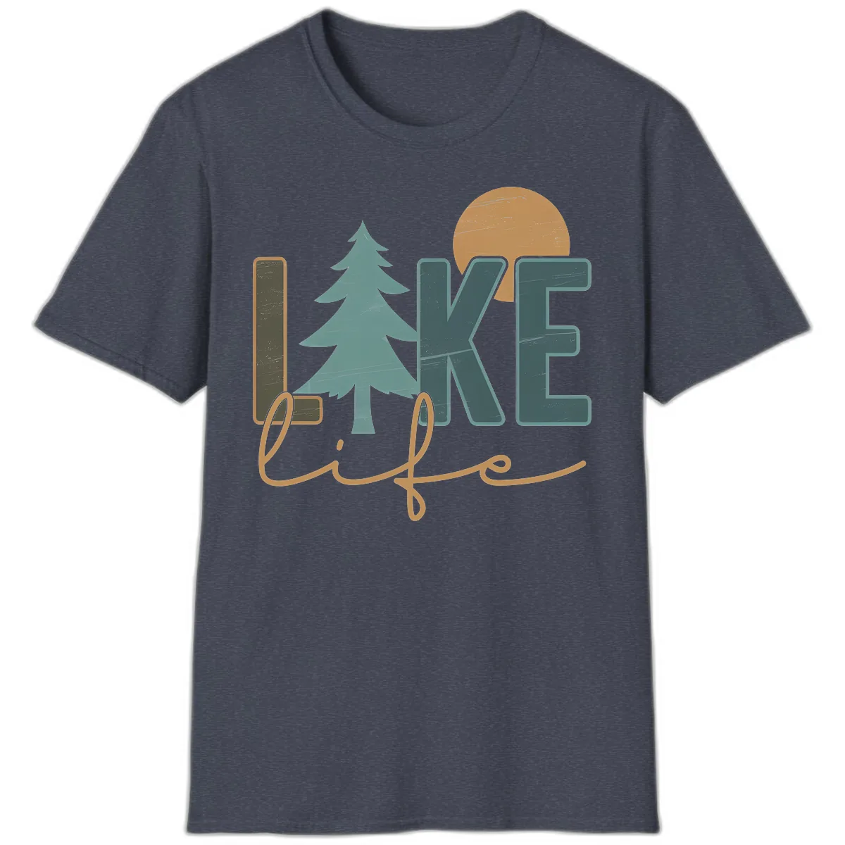 Retro Lake Life Pine Tree Design T-Shirt in Heather Navy