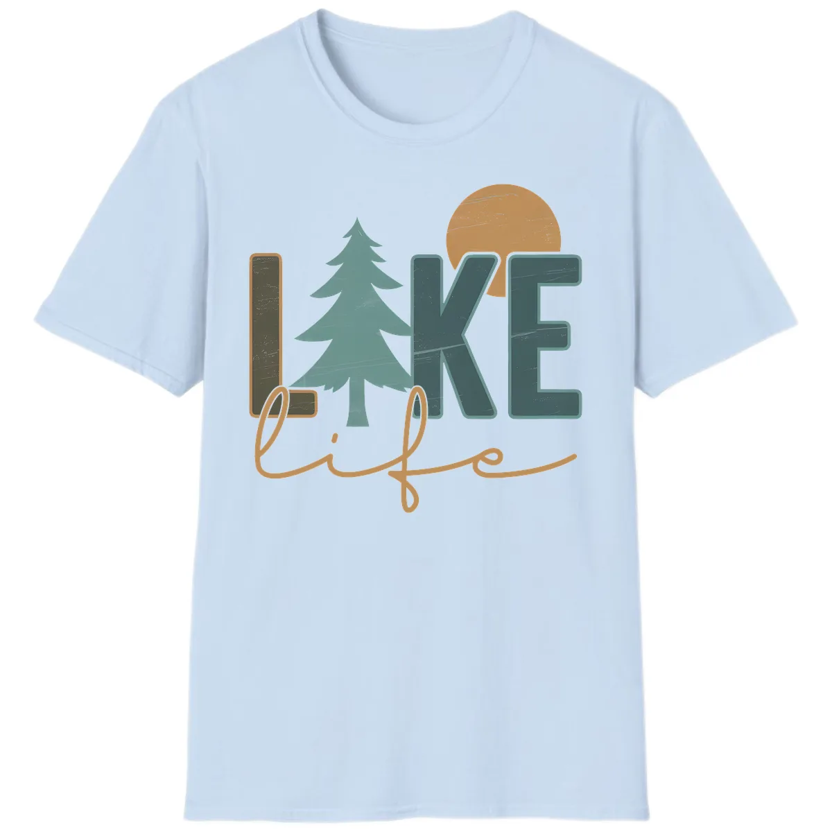 Retro Lake Life Pine Tree Design T-Shirt in Light Blue
