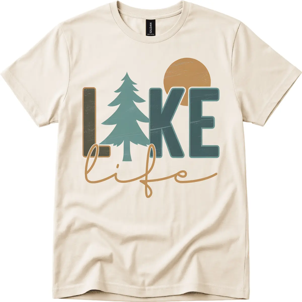 Retro Lake Life Pine Tree Design T-Shirt in Natural