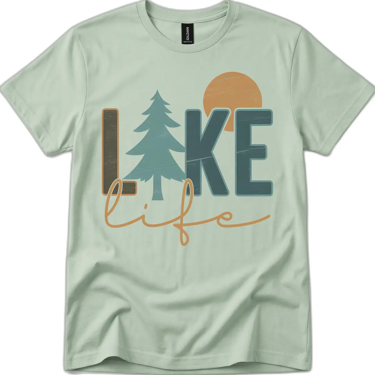 Retro Lake Life Pine Tree Design T-Shirt in Sage