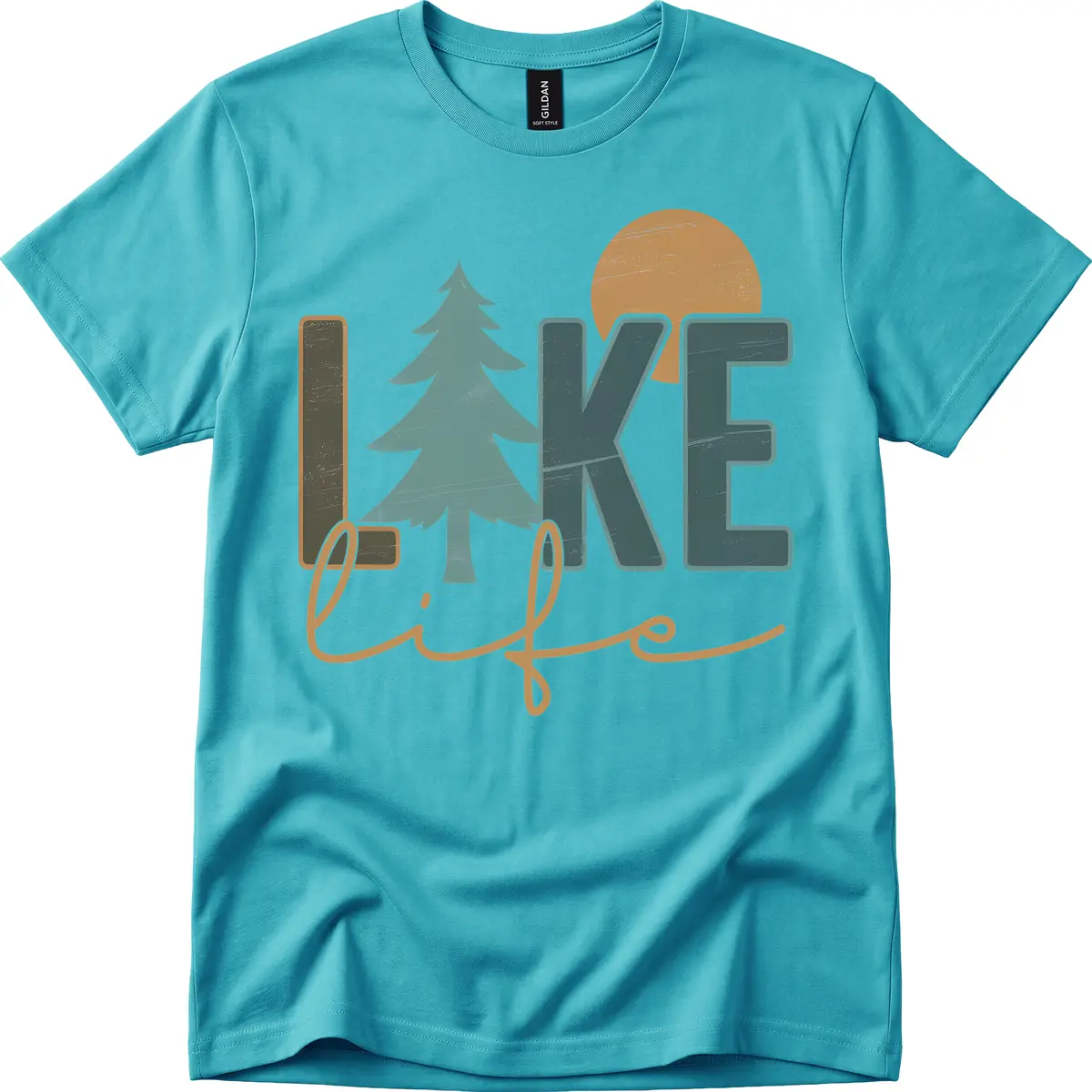 Retro Lake Life Pine Tree Design T-Shirt in Tropical Blue