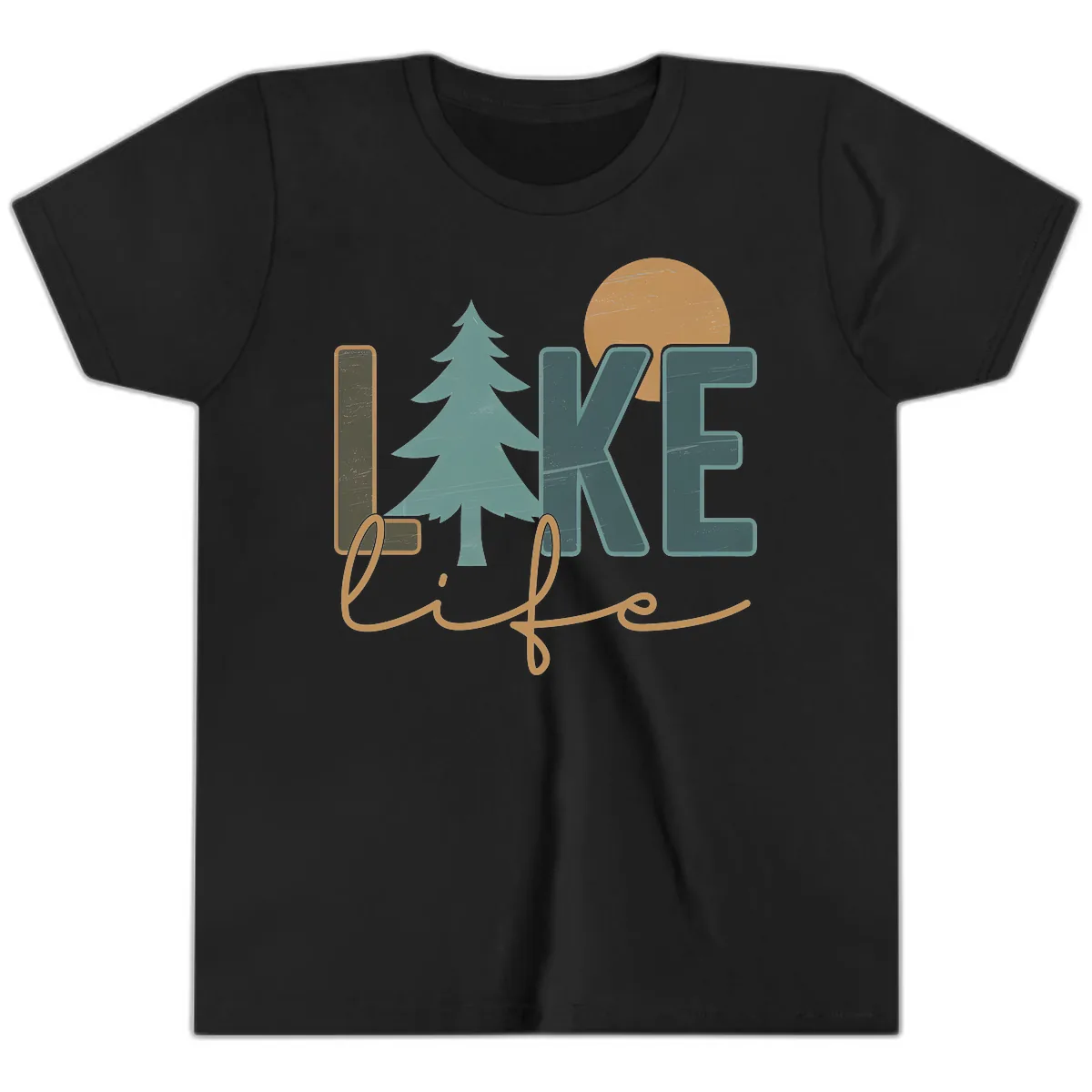 Retro Lake Life Pine Tree Design Youth T-Shirt in Black