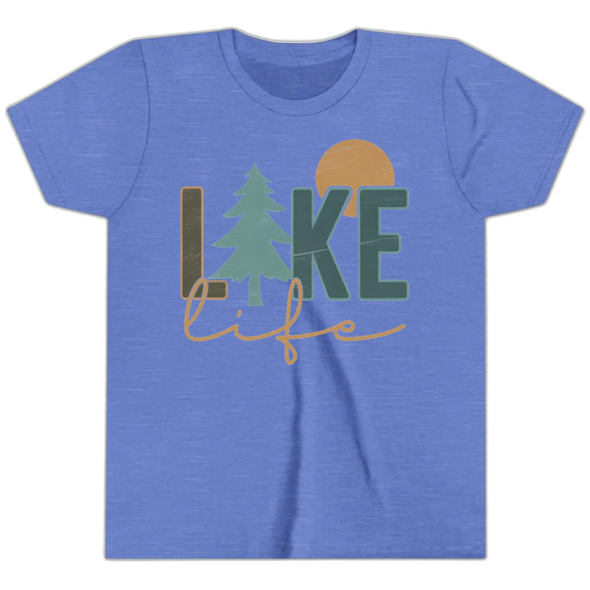 Retro Lake Life Pine Tree Design Youth T-Shirt in Heather Columbia Blue