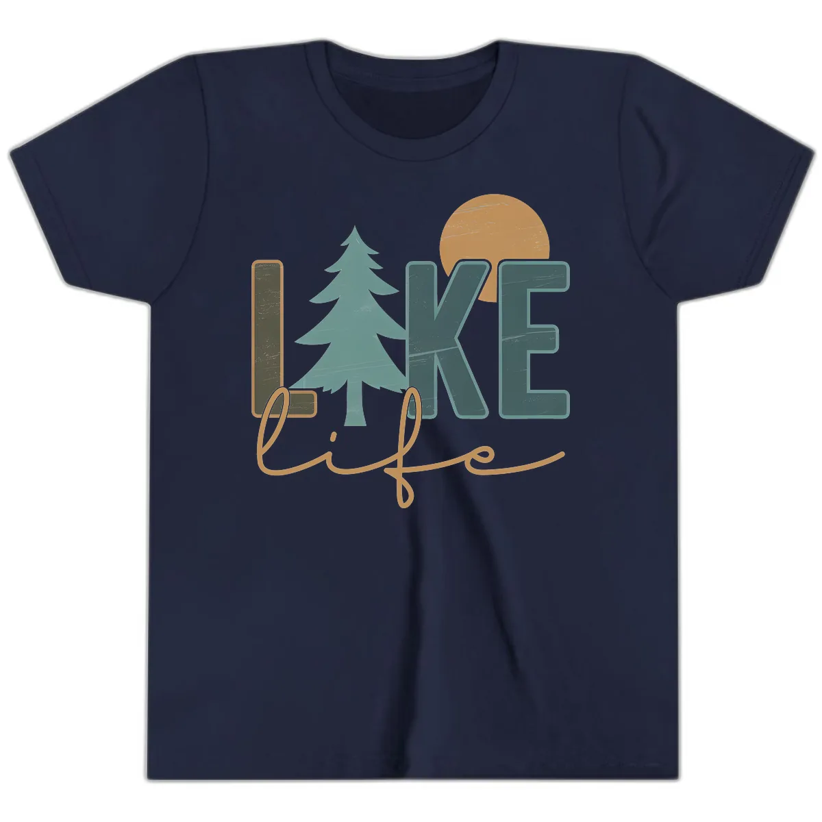 Retro Lake Life Pine Tree Design Youth T-Shirt in Navy