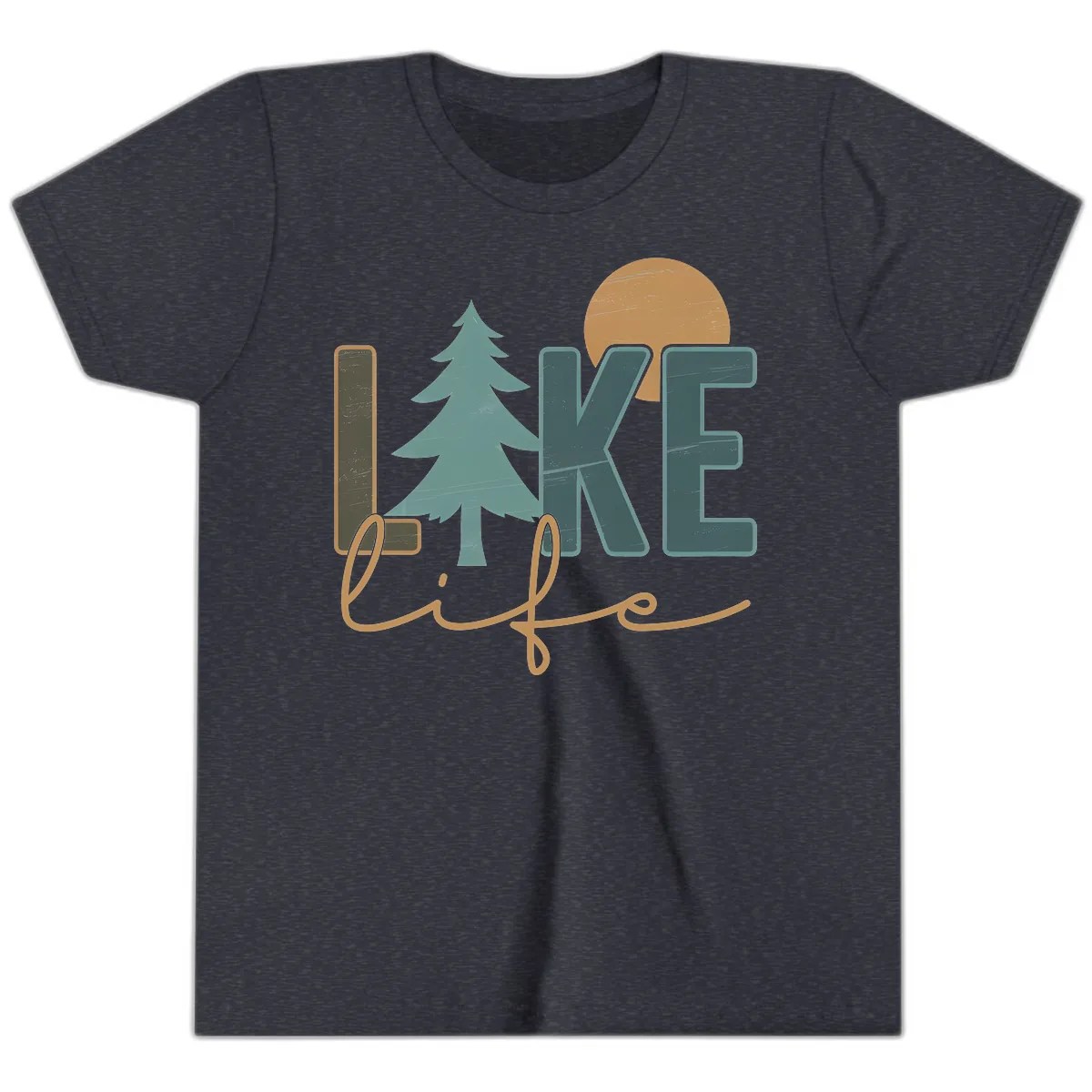 Retro Lake Life Pine Tree Design Youth T-Shirt in Heather Navy