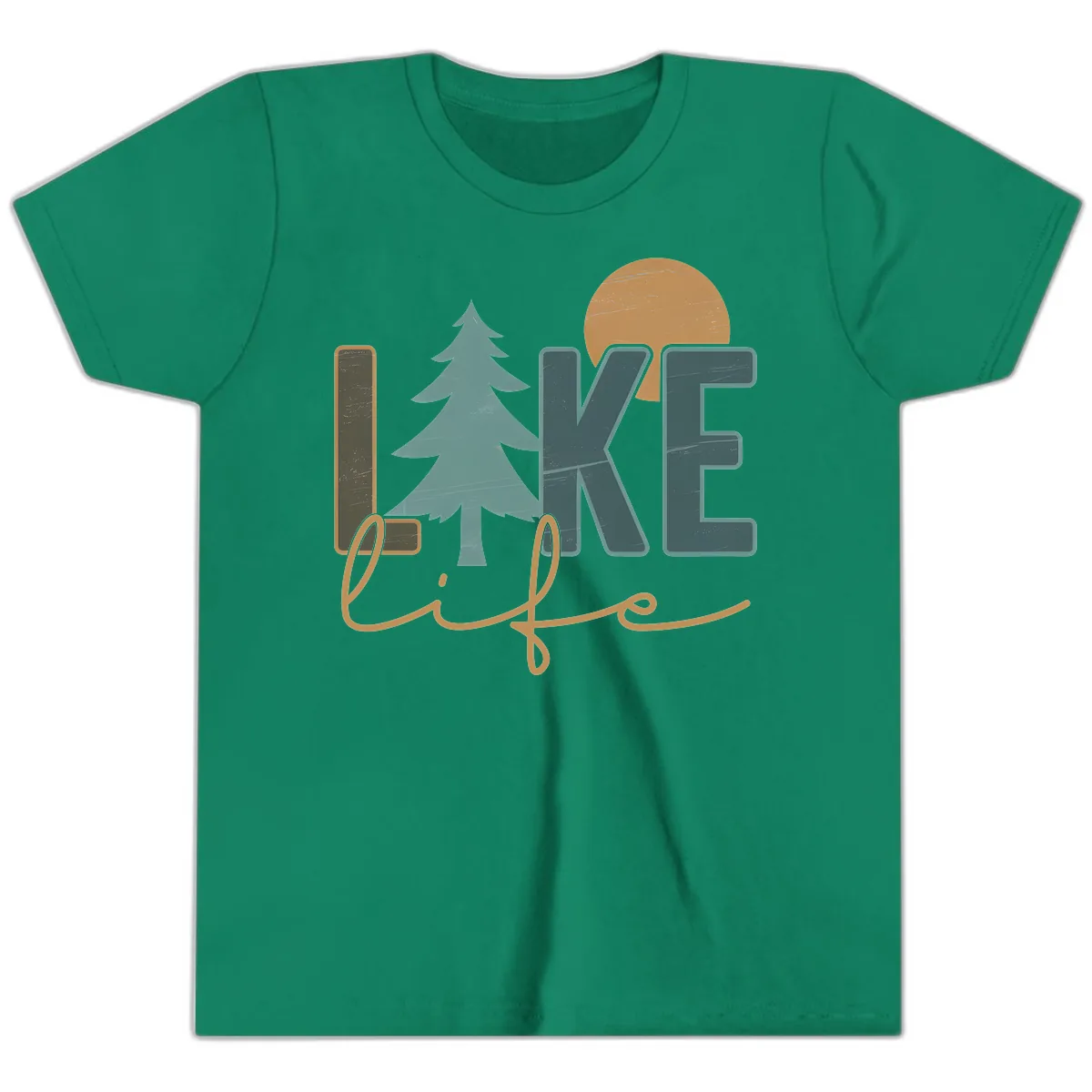Retro Lake Life Pine Tree Design Youth T-Shirt in Kelly