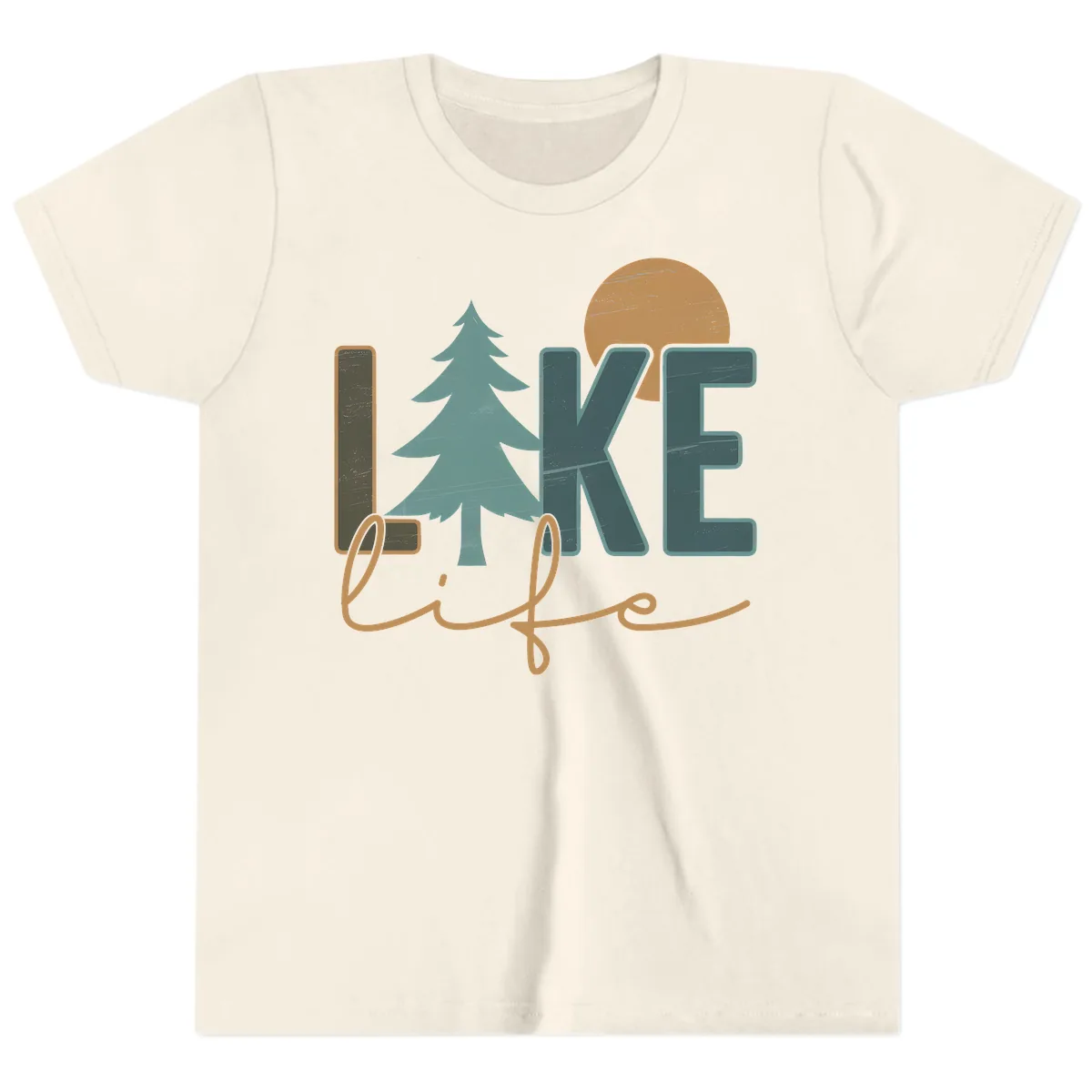 Retro Lake Life Pine Tree Design Youth T-Shirt in Natural