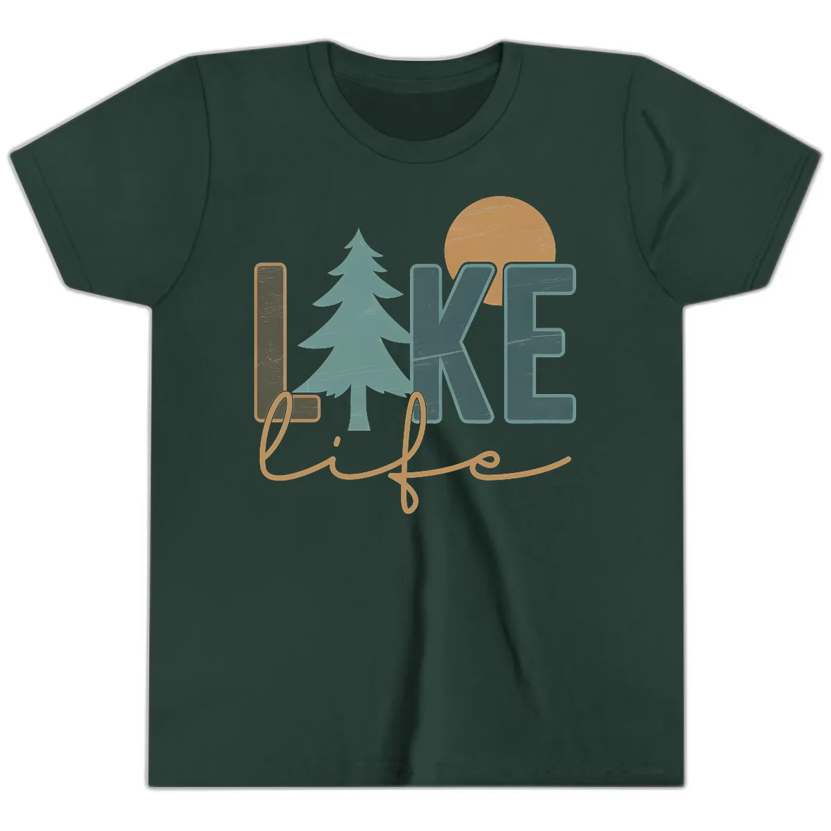 Retro Lake Life Pine Tree Design Youth T-Shirt in Forest