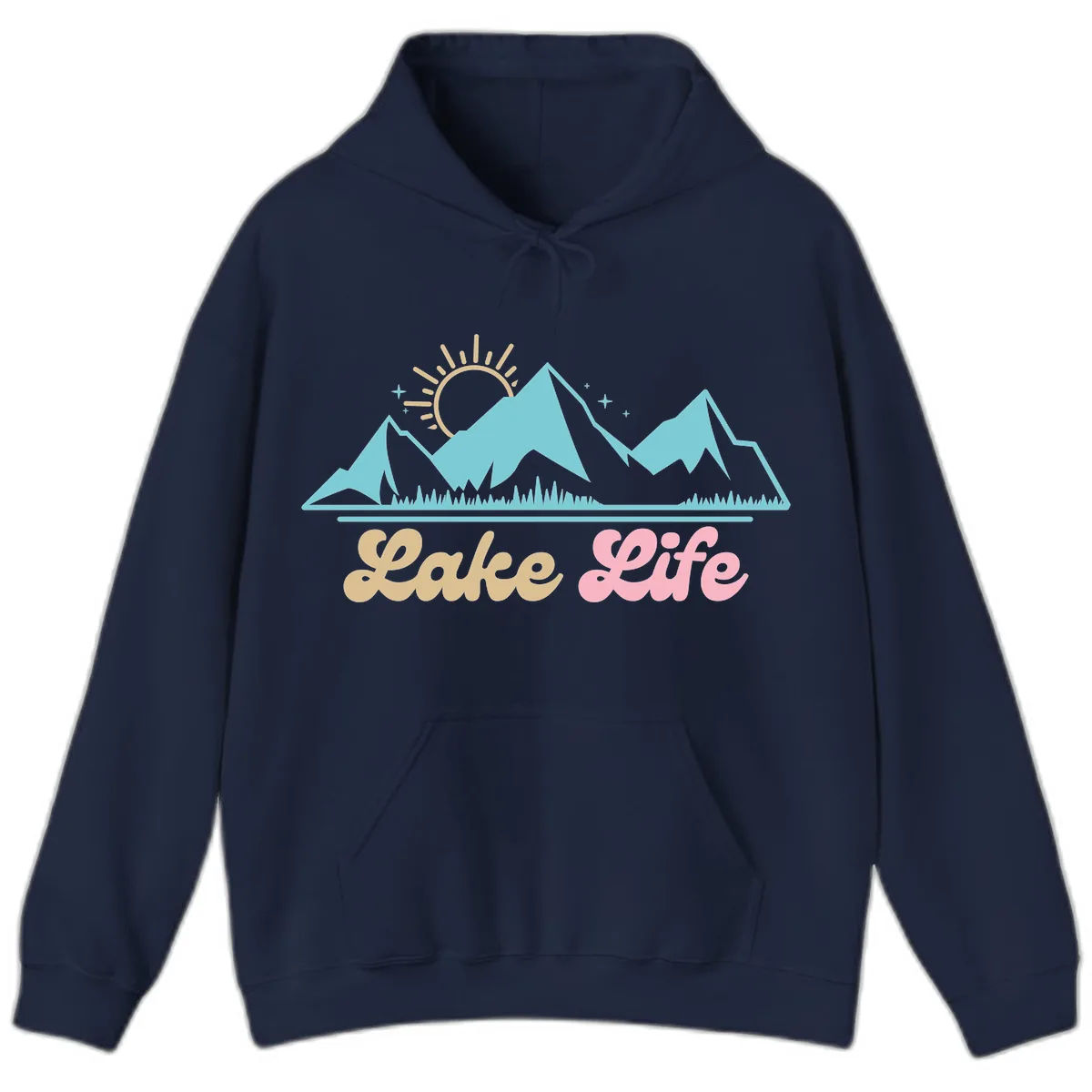 Lake Life Mountain Sunset Design Hoodie in Navy
