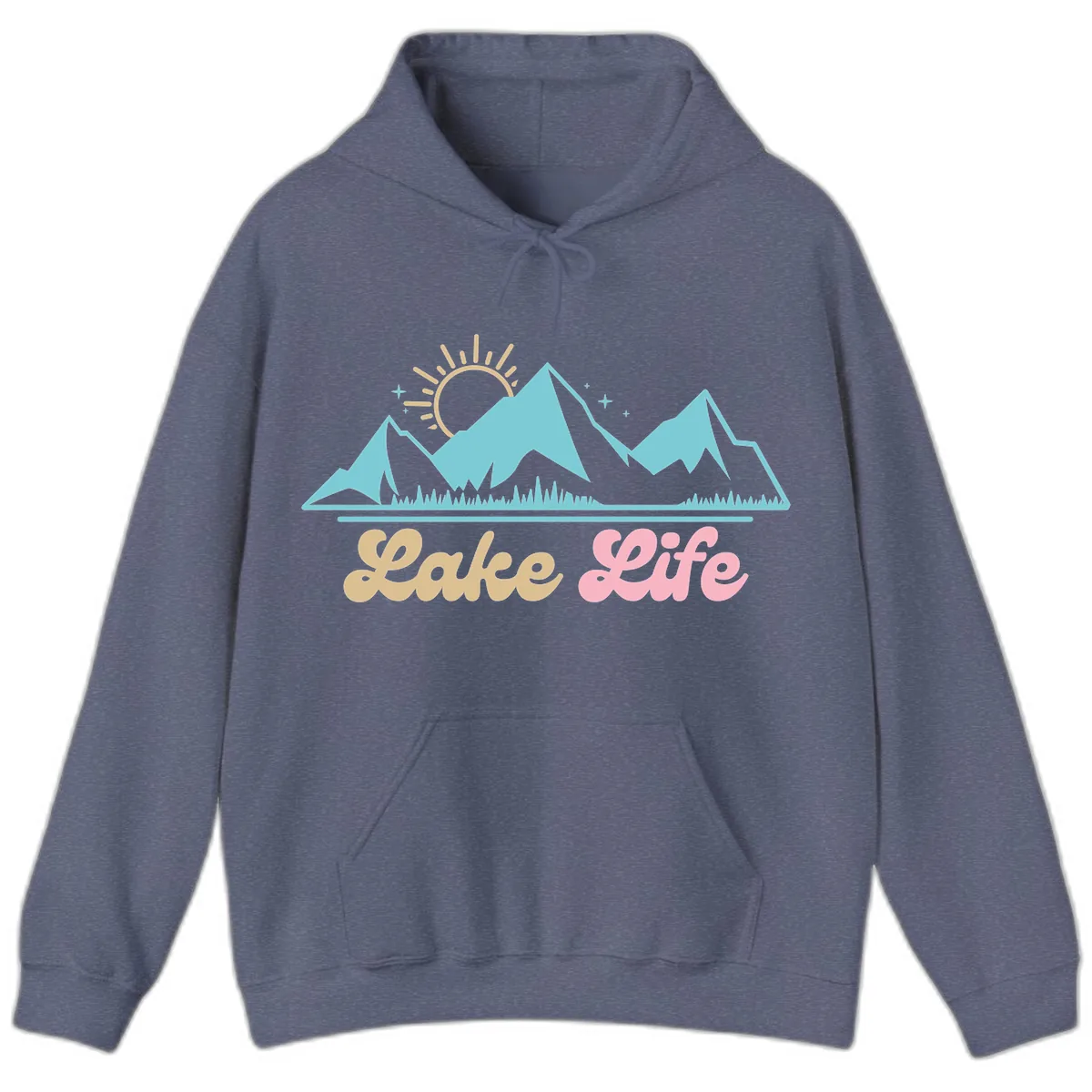 Lake Life Mountain Sunset Design Hoodie in Heather Navy