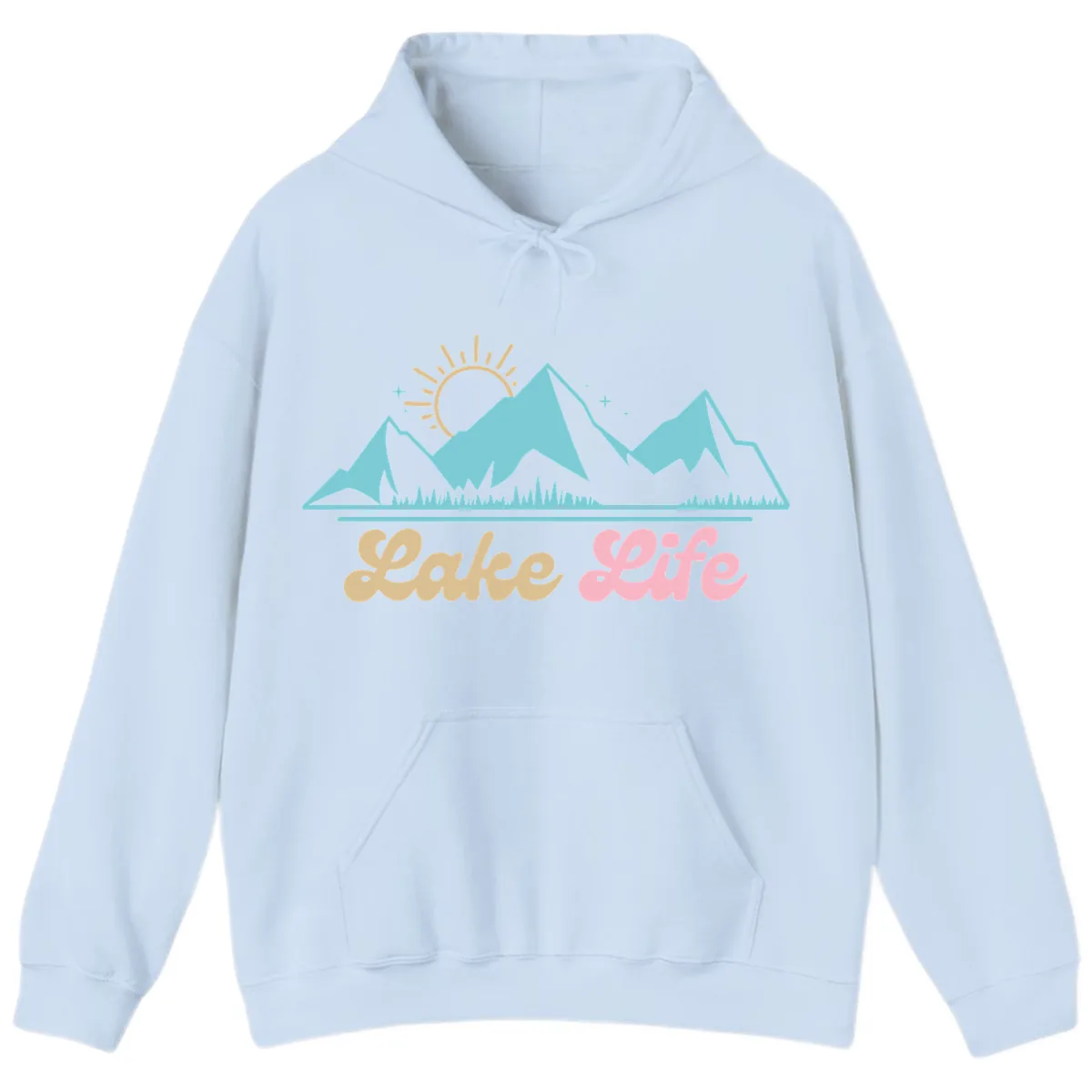 Lake Life Mountain Sunset Design Hoodie in Light Blue