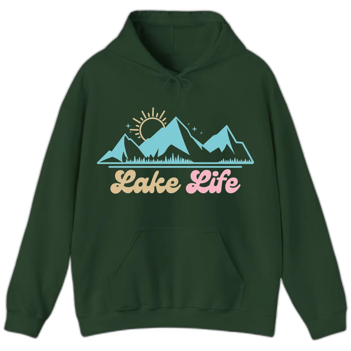 Lake Life Mountain Sunset Design Hoodie in Forest Green