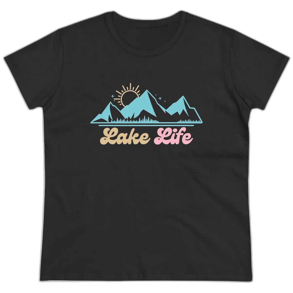 Lake Life Mountain Sunset Design Ladies Tee in Black