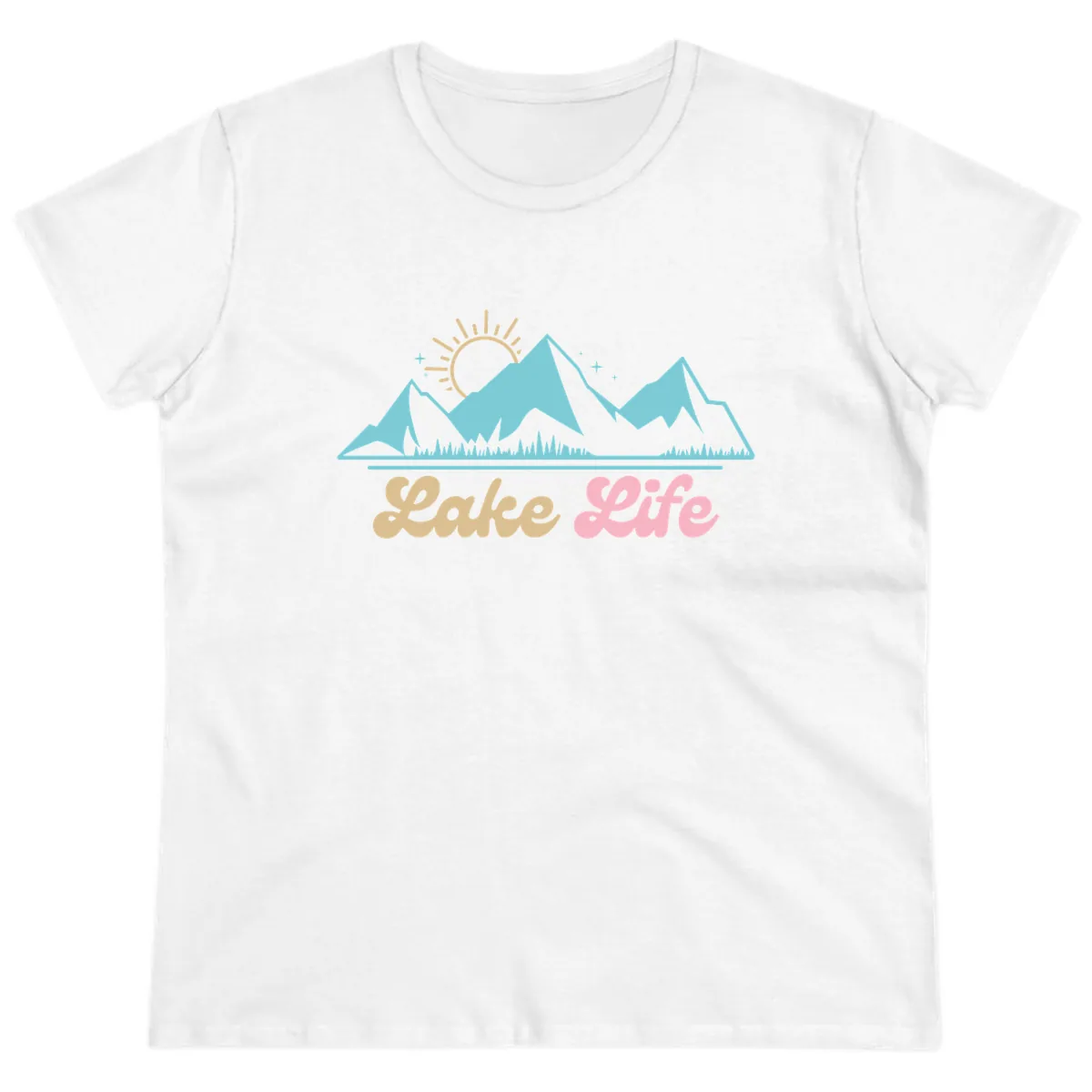 Lake Life Mountain Sunset Design Ladies Tee in White